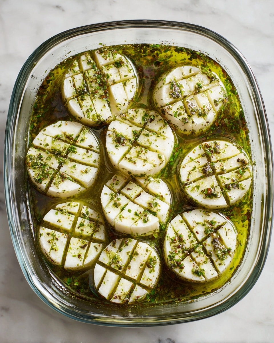 The image shows a clear glass baking dish filled with eight round slices of a white vegetable or fruit, each scored with a crisscross pattern. The slices are arranged in two rows and are soaking in a dark green herb sauce with visible pieces of chopped herbs, giving a textured look. The white marbled surface beneath the dish adds contrast, making the light-colored slices and the green sauce stand out clearly. photo taken with an iphone --ar 4:5 --v 7
