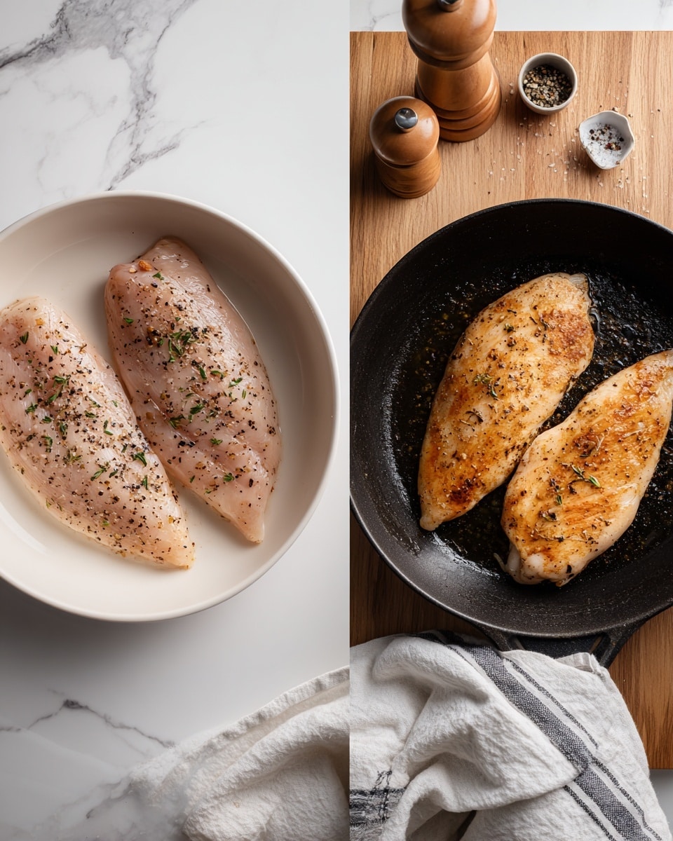 The image shows two side-by-side photographs of a black pan with cooked mushrooms inside. On the left side, the mushrooms are browned and mixed with small pieces of garlic, spread evenly across the pan’s surface. On the right side, a woman's hand is pouring diced tomatoes and liquid from a white canned container into the mushrooms, creating a vivid contrast of red tomatoes over the brown mushrooms. The pan is on a wooden surface that can be imagined as a white marbled texture background. Photo taken with an iphone --ar 4:5 --v 7