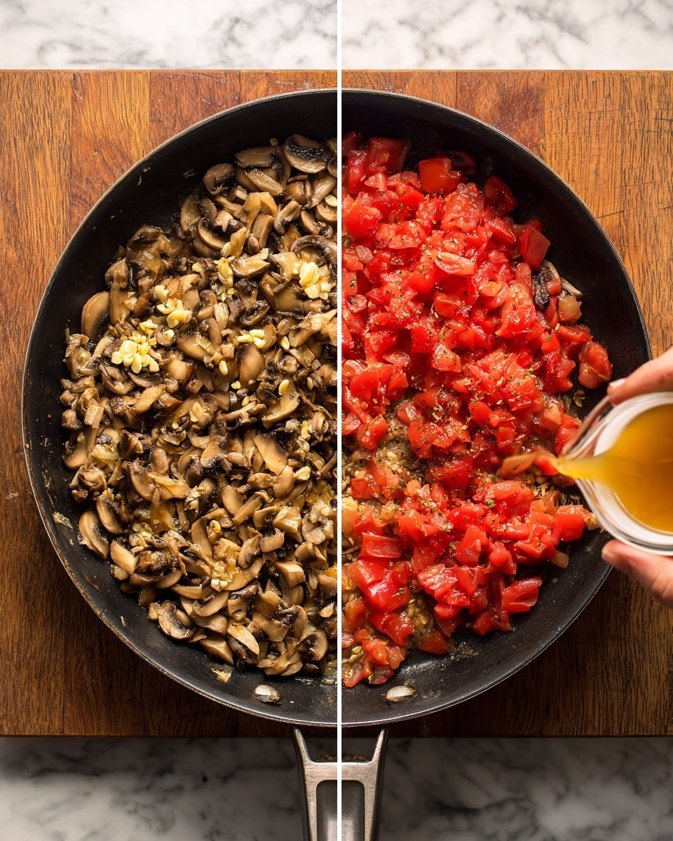 A white cast iron skillet is filled with a layered dish featuring a base of browned meat mixed with diced mushrooms, topped with a middle layer of melted white cheese covering the entire surface. Over the cheese, large red pepperoni slices and brown mushroom pieces are scattered evenly, sprinkled with finely chopped green herbs. The cheese shows slight browning in some spots, adding texture. The skillet rests on a white marbled surface with a striped cloth nearby. photo taken with an iphone --ar 4:5 --v 7