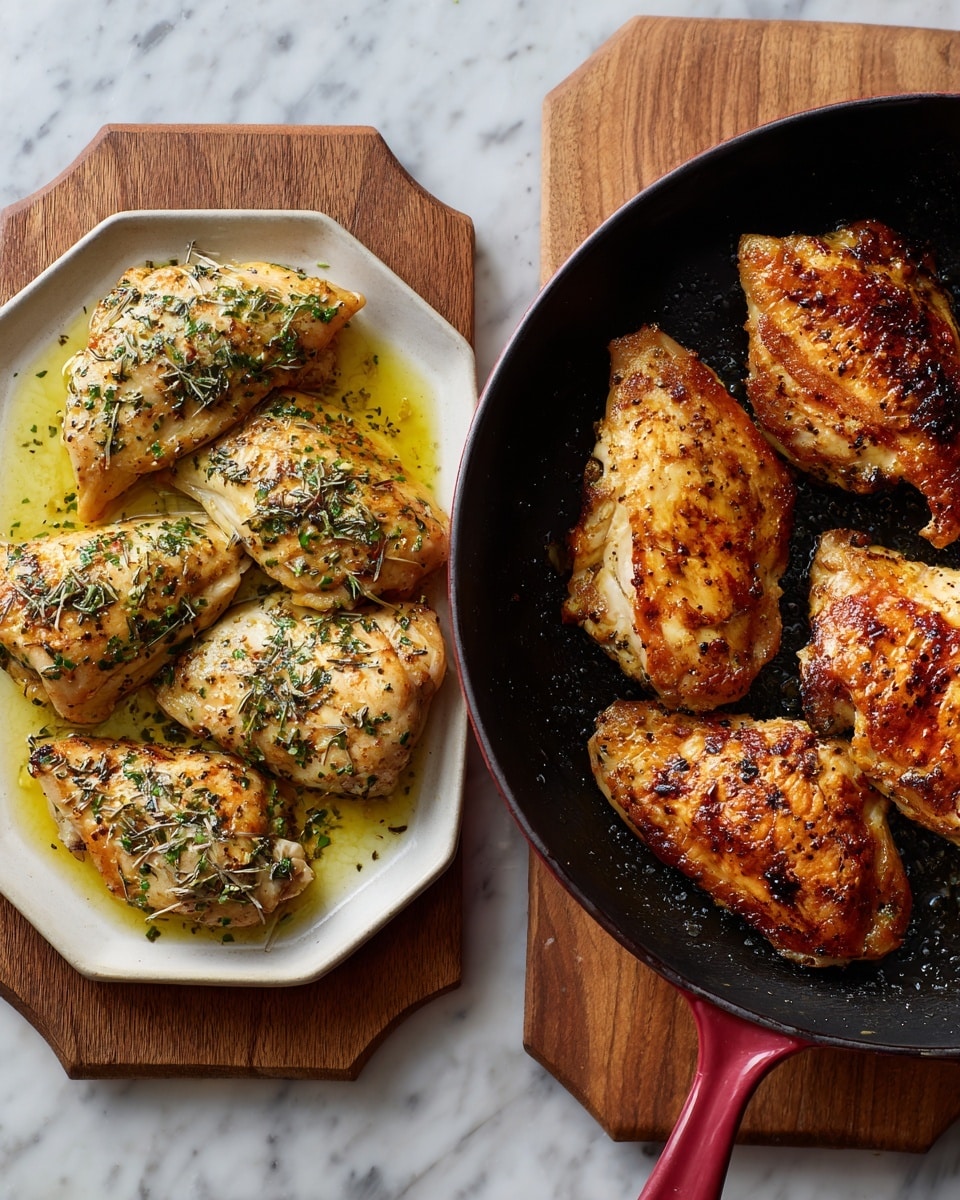 The image shows two side-by-side views of chicken. On the left, there are five raw chicken pieces laid out on a white plate with an octagonal shape, placed on a wooden board with a white marbled surface underneath. The chicken is spread with a yellow oil or marinade and sprinkled with green dried herbs and white powder seasoning. On the right, five cooked chicken pieces with browned, slightly crispy surfaces rest in a black cast iron pan with a red handle, placed on the same white marbled surface with a wooden board underneath. The cooked chicken varies in color from light golden brown to deeper caramelized spots, showing a textured, seasoned crust. photo taken with an iphone --ar 4:5 --v 7