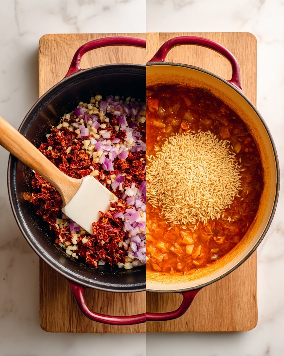 The image shows two side-by-side views of a red pot on a white marbled surface. In the left part, inside the black cooking pot, there are finely chopped sun-dried tomatoes in a deep red color and chopped onions and garlic in pale white and light purple hues being stirred with a white spatula that has a wooden handle. In the right part, the same red pot contains a rich orange-red broth filled halfway with small pieces of ingredients at the bottom, topped with a mound of dry, uncooked orzo pasta that is pale beige, centered in the pot. The pot sits on a light wooden board in both shots, photo taken with an iphone --ar 4:5 --v 7