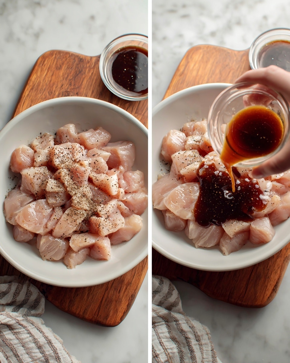 The image shows two side-by-side photos of a white bowl filled with small pieces of raw light pink chicken on a wooden cutting board, all placed on a white marbled surface. In the left photo, the chicken pieces are plain, lightly sprinkled with black pepper. In the right photo, a dark brown sauce is being poured over the chicken pieces from a small clear cup held by a woman's hand on the right side of the image. The scene includes a soft striped cloth napkin at the bottom edge. Photo taken with an iphone --ar 4:5 --v 7