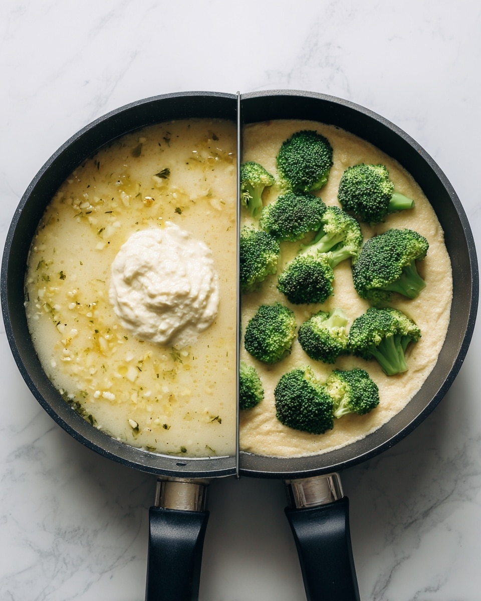 The image shows two black pans placed side by side on a white marbled surface. The left pan contains a clear yellowish liquid base with small bits of chopped garlic floating in it; in the center, there is a dollop of thick creamy white substance. The right pan shows a creamy light yellow mixture filling most of the pan, topped with several bright green broccoli florets evenly spread across the surface. Both pans have a simple black handle and the scene is lit softly showing the textures and colors clearly, photo taken with an iphone --ar 4:5 --v 7