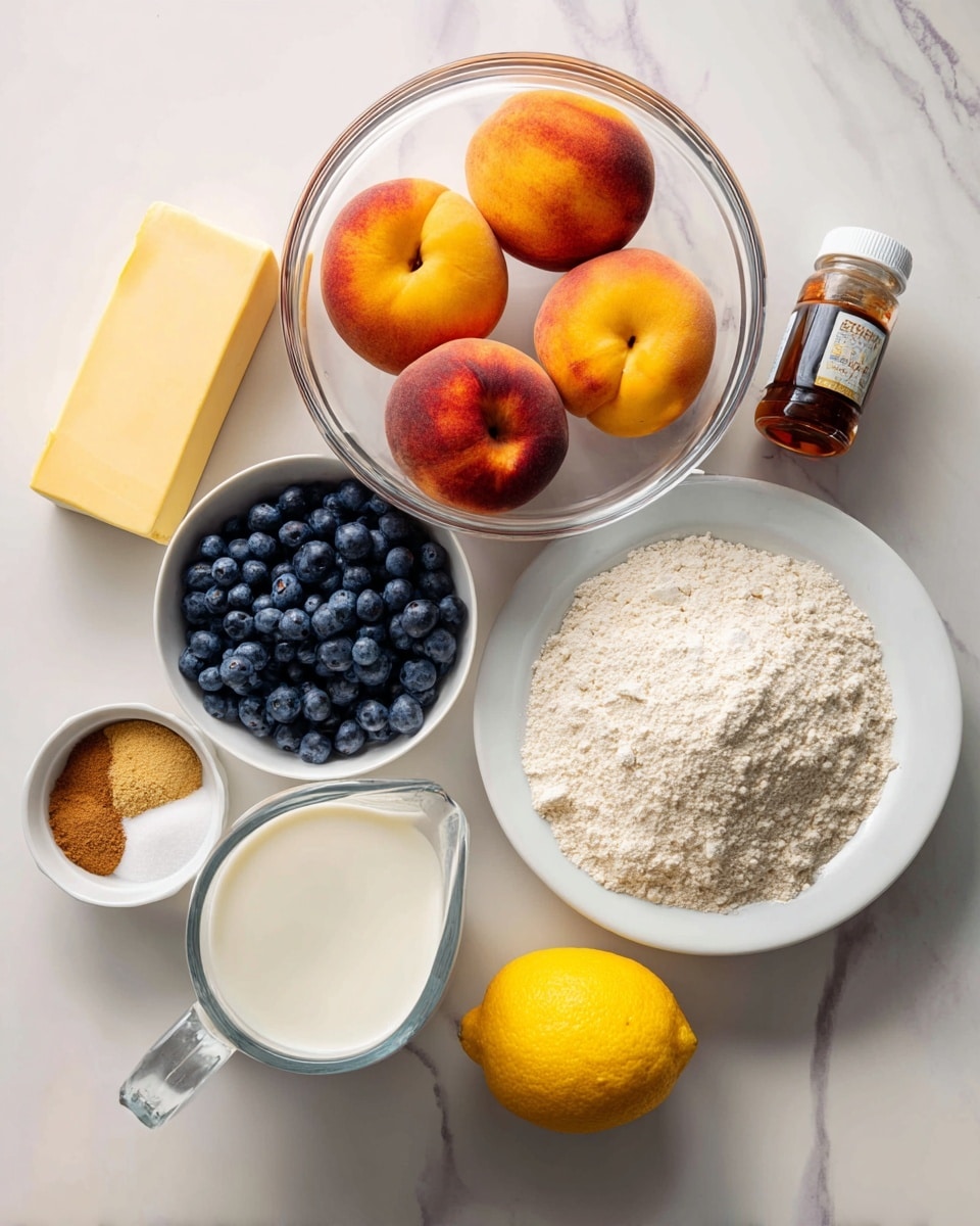 The image shows several ingredients arranged on a white marbled surface. In the center is a clear glass bowl filled with four whole peaches that are orange with reddish blushes, and a handful of dark blue blueberries. To the right of the bowl is a white plate full of white granulated sugar, and below it is a half lemon with bright yellow skin. Below the lemon is a small white bowl that contains three powder spices: white baking powder, light brown cinnamon, and a pale yellow powder. To the left below the main bowl is a white bowl containing light beige flour. In front of the flour bowl is a clear glass measuring cup filled with a white liquid, likely milk. On the top left of the image is a rectangular block of yellow butter, and next to it is a small brown bottle with a label, likely vanilla extract. The whole setup is brightly lit, showing clear textures of the fruits and powders. Photo taken with an iphone --ar 4:5 --v 7