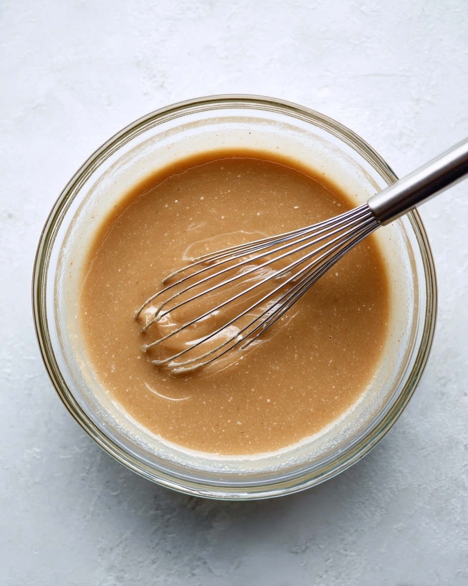 A clear glass bowl sits on a white marbled surface, filled with a light brown, smooth batter with a slightly grainy texture. A metal whisk with fine wires is partially immersed in the batter, creating gentle ripples and soft peaks on the surface. The bowl’s round edges and transparent material show the batter evenly spread inside, with a subtle shine reflecting light. Photo taken with an iphone --ar 4:5 --v 7