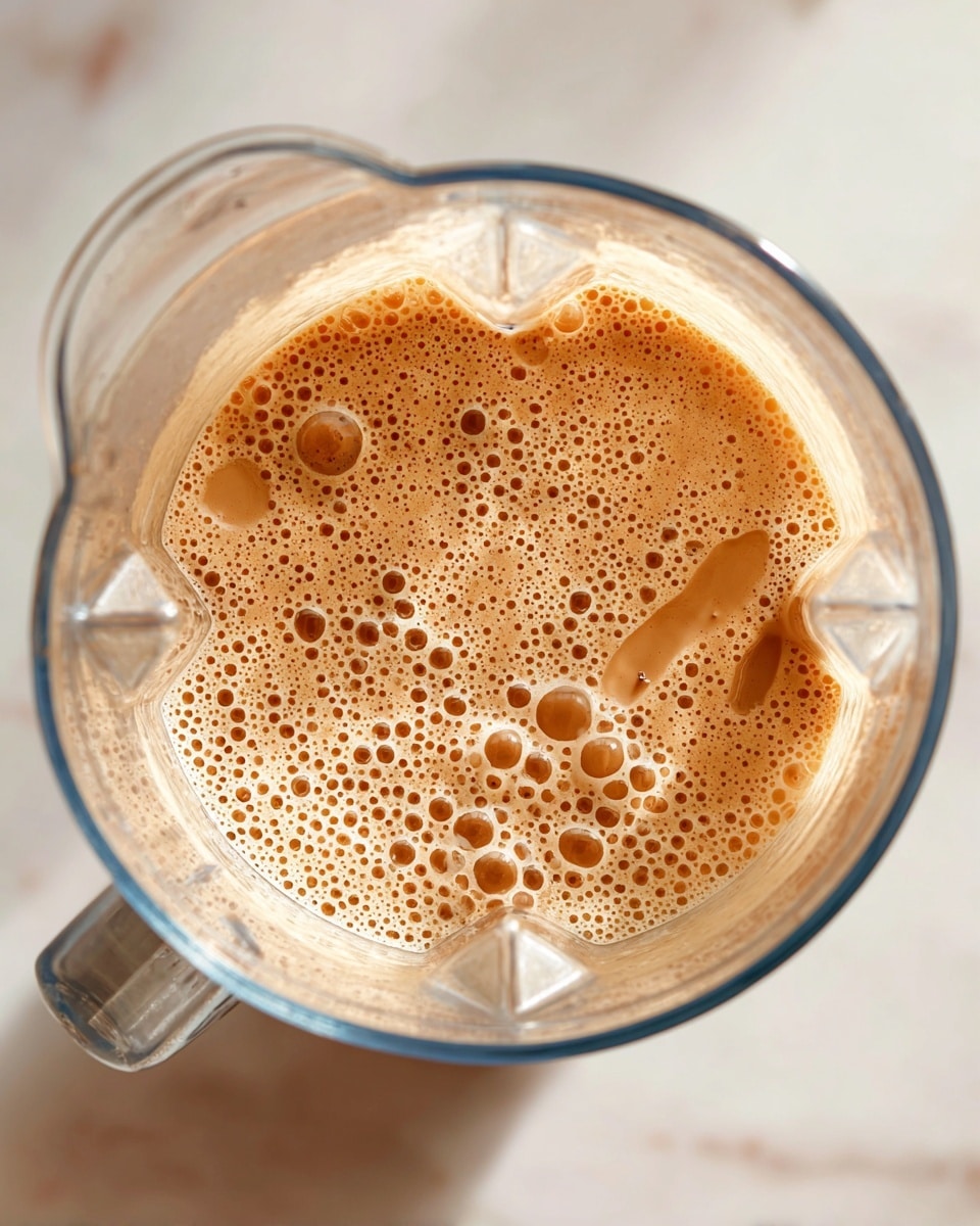A top view of a blender filled with a light brown creamy mixture with many small and medium bubbles on the surface, showing a smooth and thick texture inside the transparent blender container. The blender is placed on a white marbled surface, and the image is bright with natural light. photo taken with an iphone --ar 4:5 --v 7