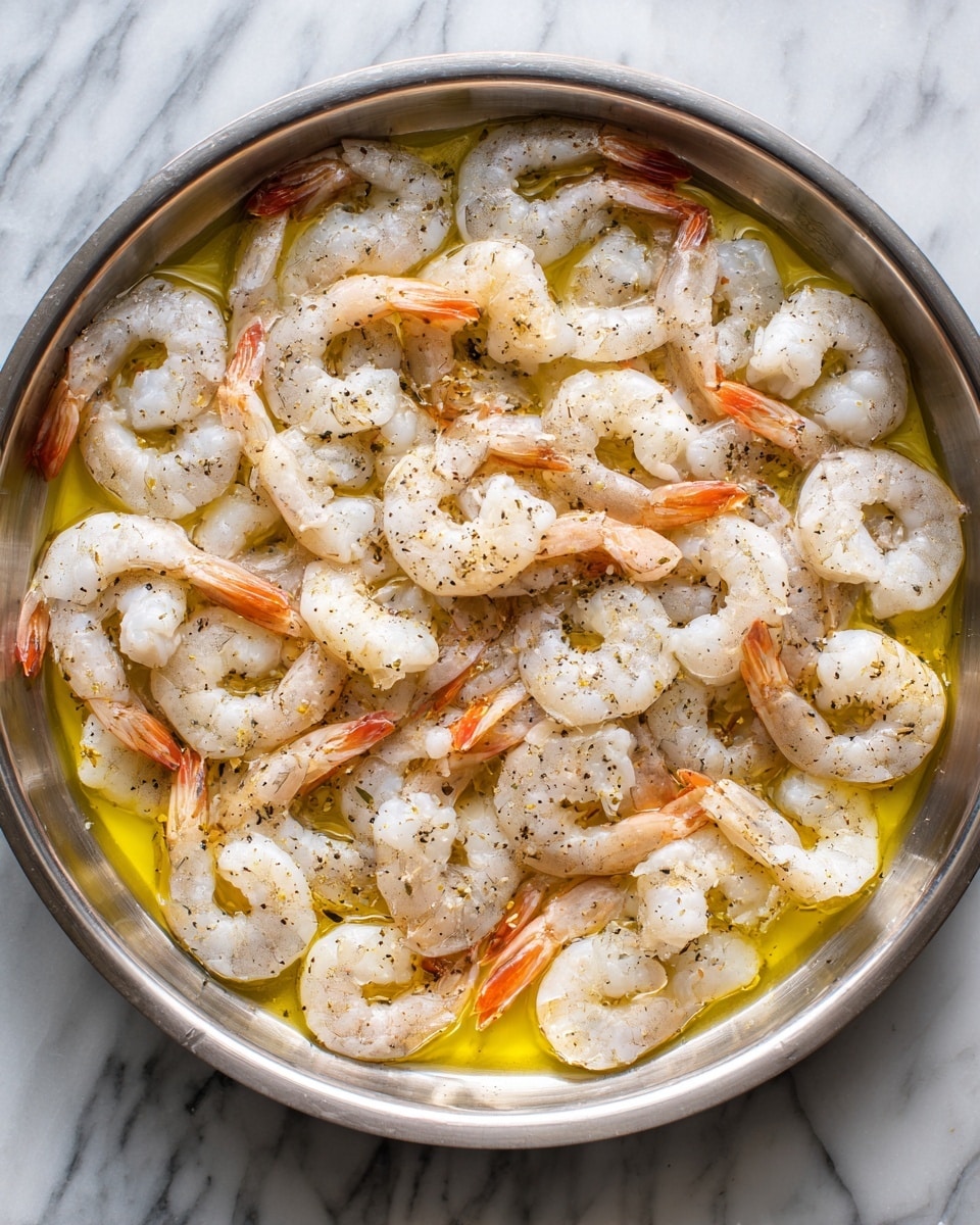 A large silver pan filled with one layer of raw white shrimp spread out evenly. The shrimp have a slightly translucent look with some pinkish-orange near the tails. The shrimp are sprinkled lightly with black pepper and sit on a thin layer of melted yellow butter oil. The pan rests on a white marbled surface. Photo taken with an iphone --ar 4:5 --v 7