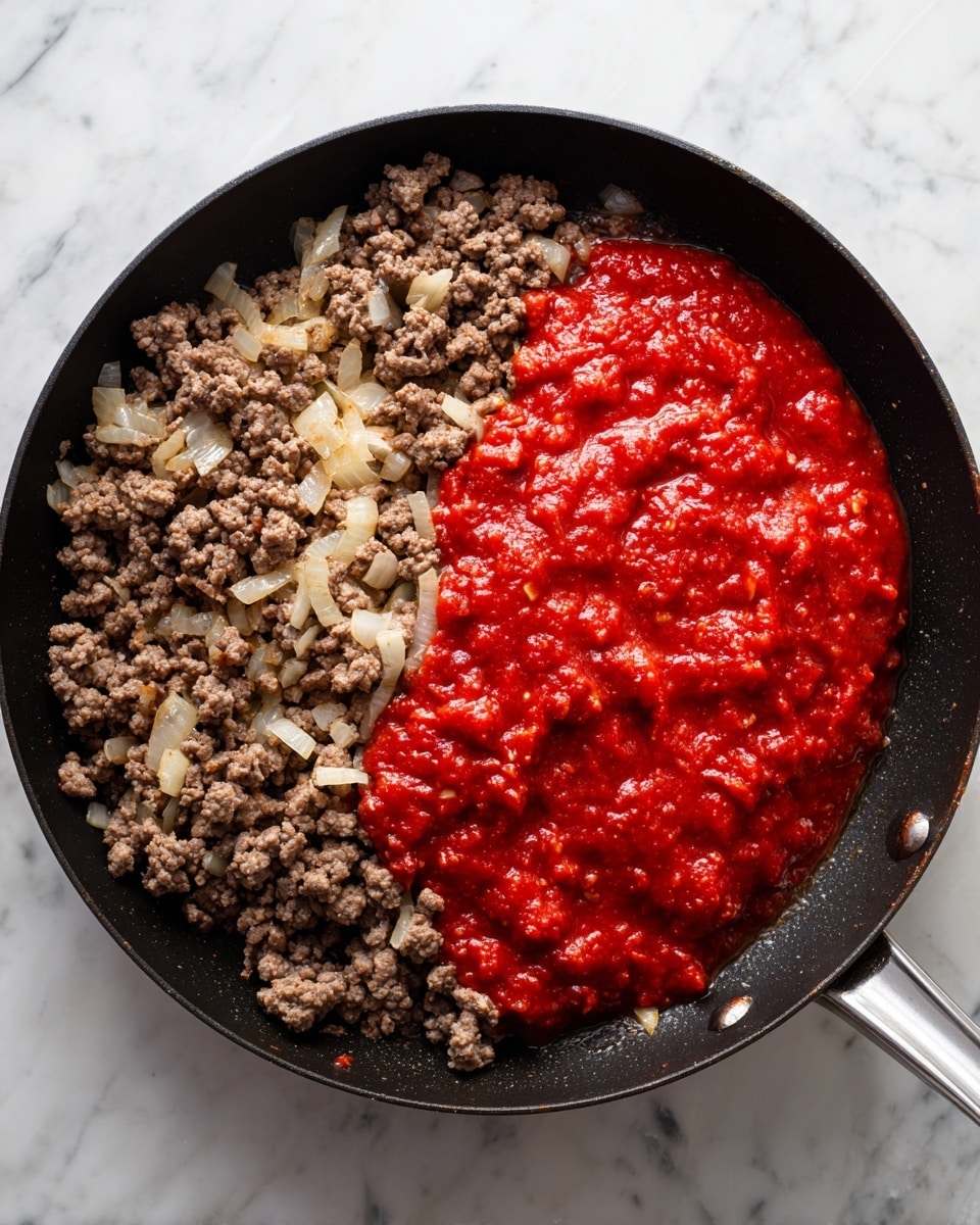 A black skillet with two main layers: on the left and bottom side, cooked ground meat mixed with small pieces of translucent cooked onion in light brown shades and slightly crispy edges; on the right and top side, a thick layer of bright red tomato sauce with a slightly chunky texture spreading over part of the meat. The skillet sits on a white marbled surface. photo taken with an iphone --ar 4:5 --v 7