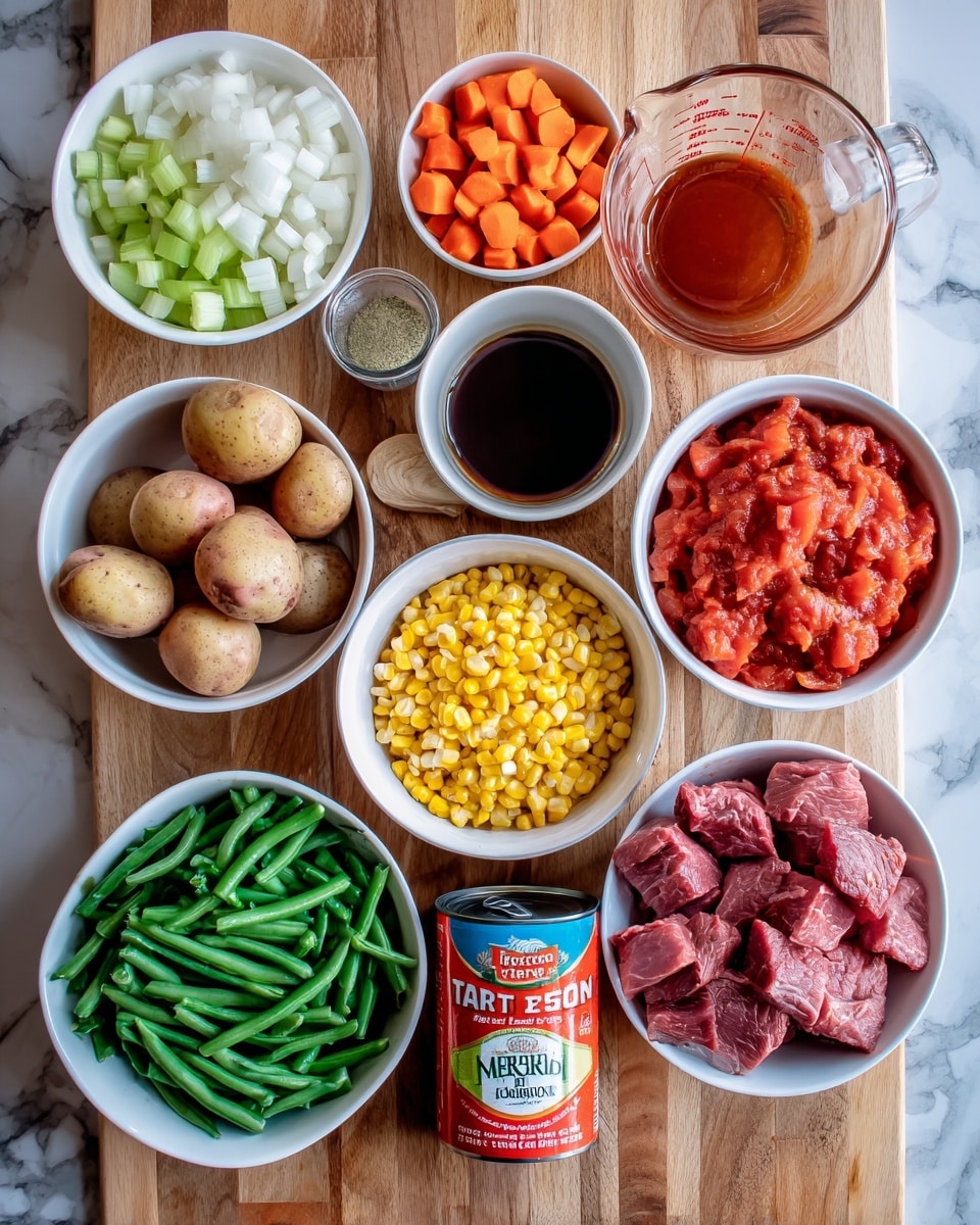 The image shows a wooden table with several white bowls and containers filled with ingredients. Starting from top left, there is a white bowl with chopped white onion, light green celery pieces, and orange carrot chunks. Next to it, a glass measuring cup contains a reddish-brown liquid. Below that, a white bowl holds bright yellow corn kernels. To the right is a white bowl with soy sauce. Below these, a white bowl is filled with raw chunks of red meat. To the left, another white bowl contains quartered red potatoes with skin on. Below this, a white bowl is packed with fresh green beans cut into short lengths. In front and center is a large can of diced tomatoes with a white label. Next to it are a small tube of tomato paste, a garlic bulb, two small spice bottles labeled