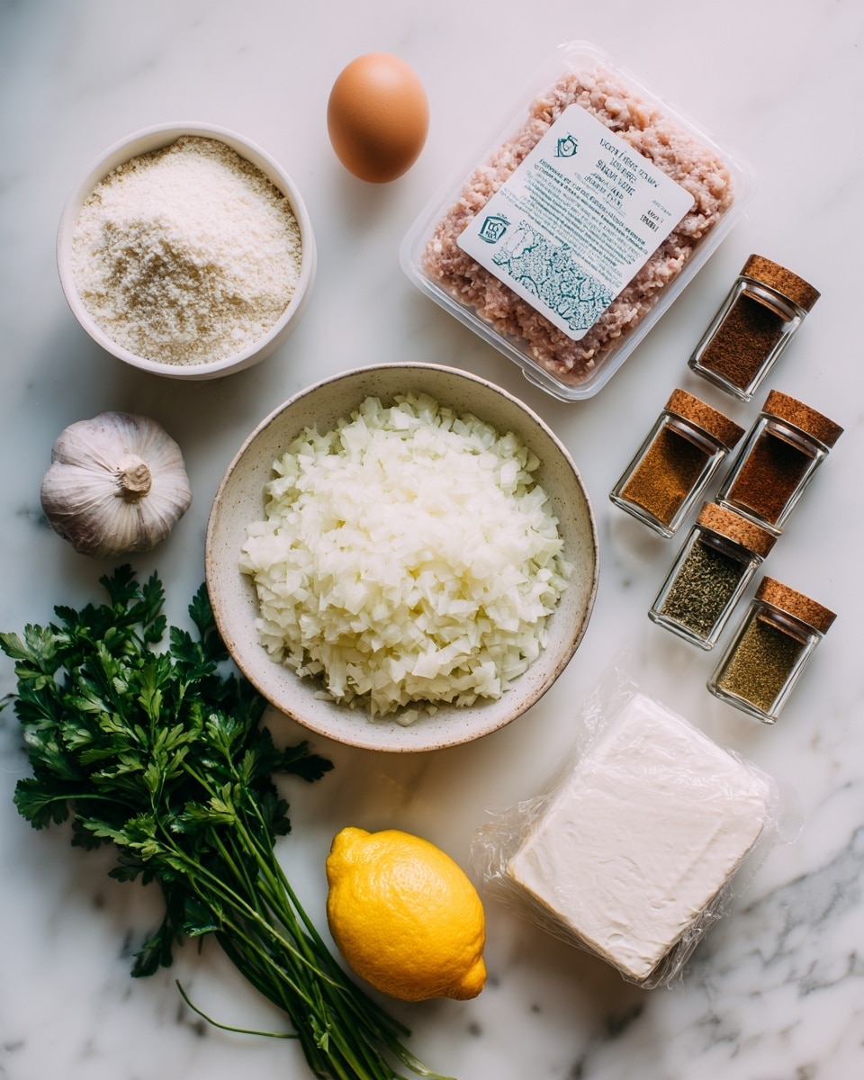 A white bowl filled with finely minced white onion sits on a white marbled surface surrounded by fresh ingredients. To its left is a container of white panko bread crumbs and a single brown egg. At the top center, there is a rectangular package of pale pink ground chicken in a white tray with blue and green label designs. Next to it are four spice jars made of clear glass with wooden lids, lined up in a row displaying cumin, coriander, cinnamon, and oregano. A bright yellow lemon sits near the center bottom, while a block of white feta cheese wrapped in plastic is placed to the right. Fresh green parsley sprigs and two garlic cloves peek from the top and right edges. photo taken with an iphone --ar 4:5 --v 7