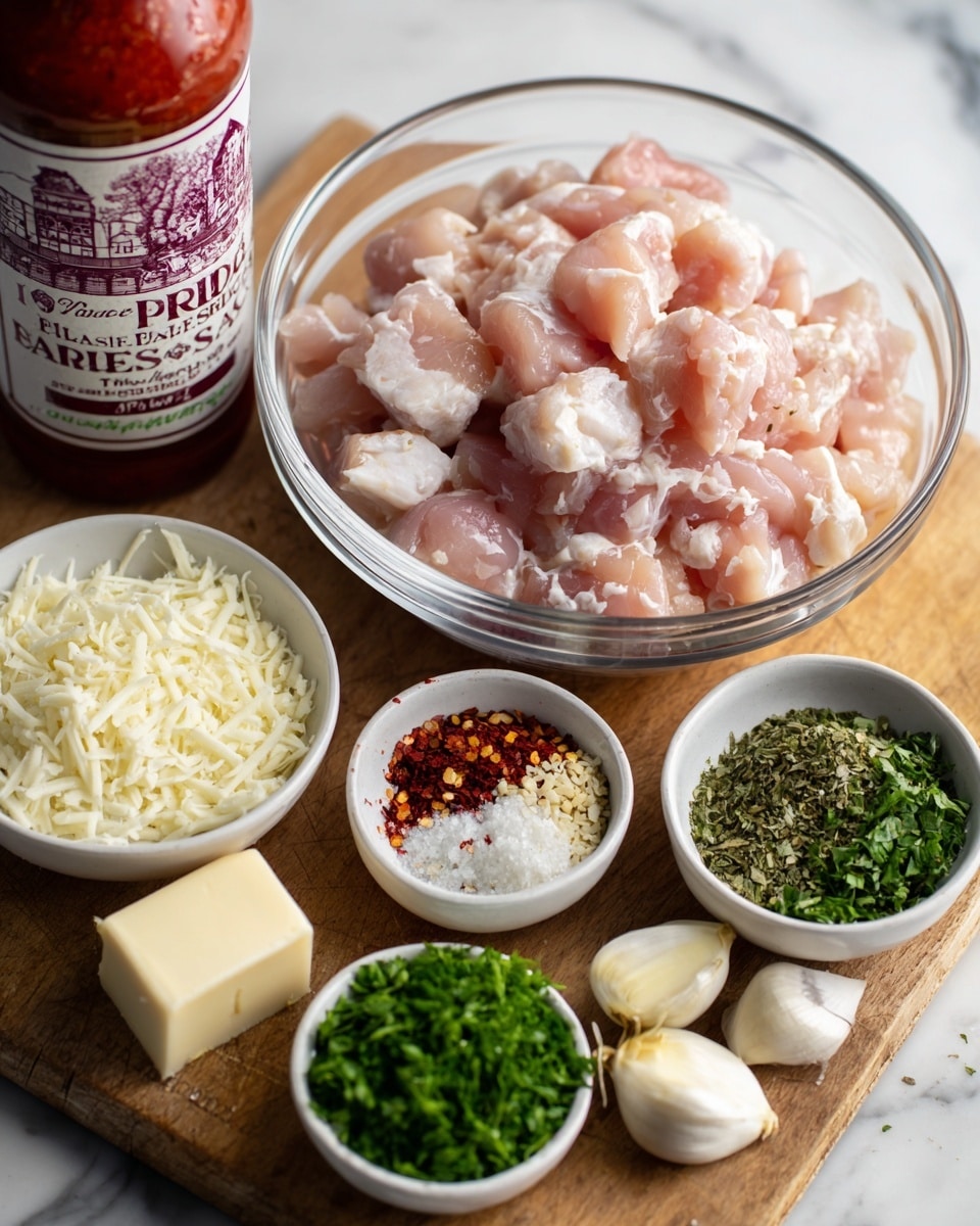 The image shows a clear glass bowl filled with small, light pink pieces of raw chicken placed on a wooden surface. Around it, there is a white bowl filled with finely grated white cheese, a smaller white bowl containing dried green herbs, red chili flakes, and a pale powder, and another white bowl holding chopped fresh green parsley. Nearby, there is a small pile of three whole garlic cloves and a square block of pale yellow butter. In the top left corner, there is an upright bottle of red tomato basil sauce with a detailed label. The setting is on a white marbled texture surface. photo taken with an iphone --ar 4:5 --v 7