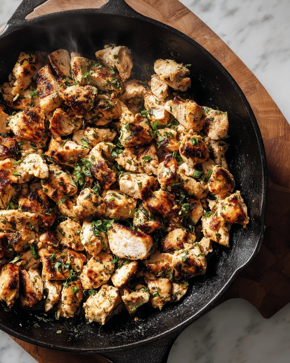 A black cast iron pan filled with many small pieces of cooked chicken. The chicken pieces are mostly white with browned, crispy edges and some herbs sprinkled on top. Steam rises gently from the hot chicken. The pan sits on a white marbled surface with a wooden texture showing softly underneath. photo taken with an iphone --ar 4:5 --v 7