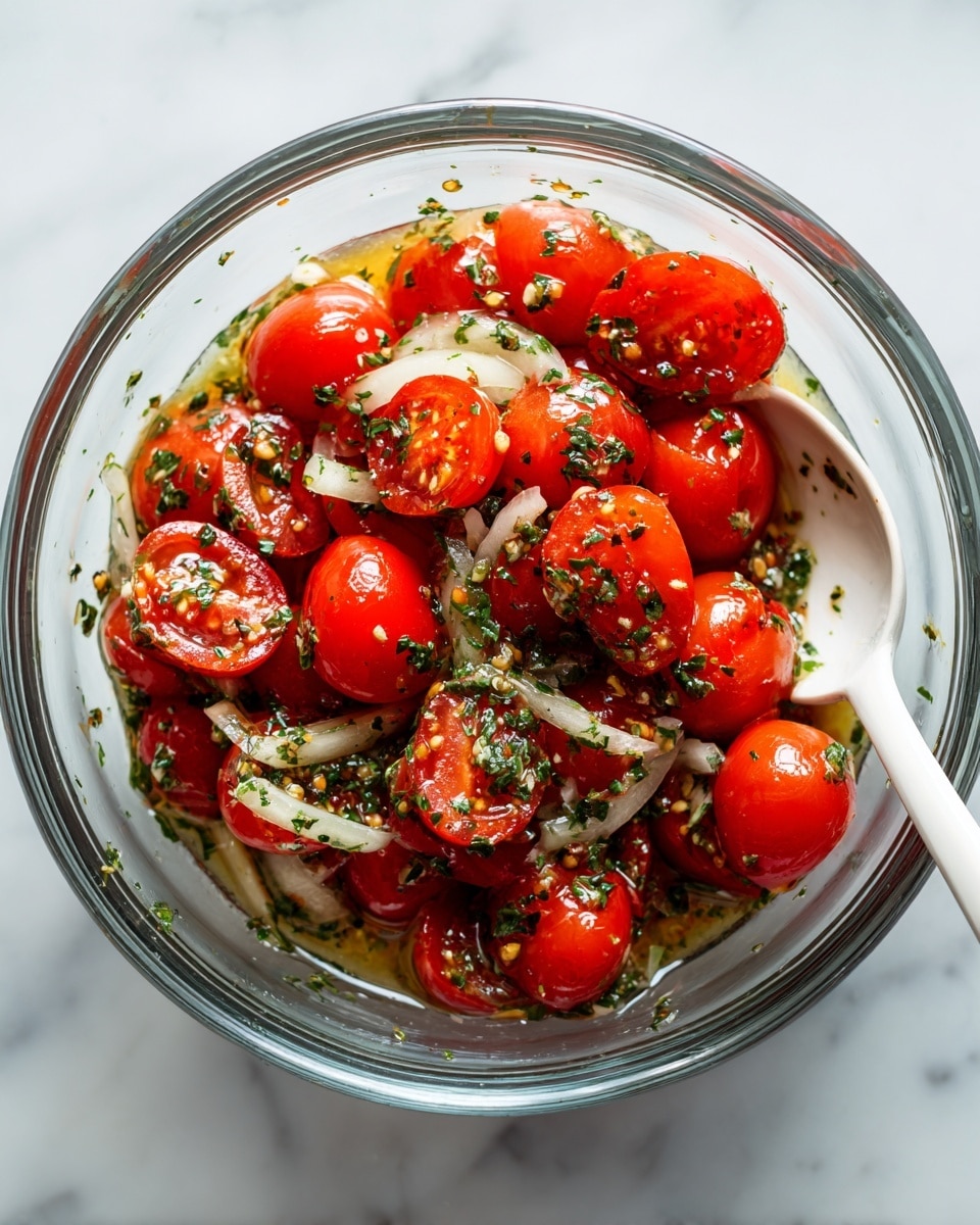 A clear glass bowl filled with bright red cherry tomatoes, some whole and some sliced in half, mixed with thin white onion slices, all coated in a green herb dressing with visible small herb bits. A white spoon rests inside the bowl. This is all placed on a white marbled surface. photo taken with an iphone --ar 4:5 --v 7