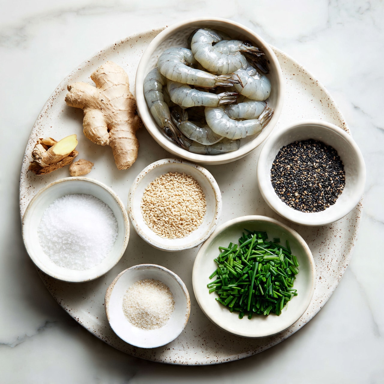 A round speckled plate holds six smaller white bowls arranged in a circle. The largest bowl on the left contains several raw grayish shrimp with a shiny wet texture, arranged in a curled shape. At the top right, a smaller bowl is filled with light beige sesame seeds, while the bowl directly below it has black sesame seeds with a matte texture. Below these, a white bowl is full of finely chopped green chives, bright and fresh. To the left of this, a small plate holds three white powders and black pepper, with a smooth texture. Above this plate is another small dish with a piece of light brown ginger and a white garlic clove. The whole setup is on a white marbled surface. Photo taken with an iphone --ar 4:5 --v 7