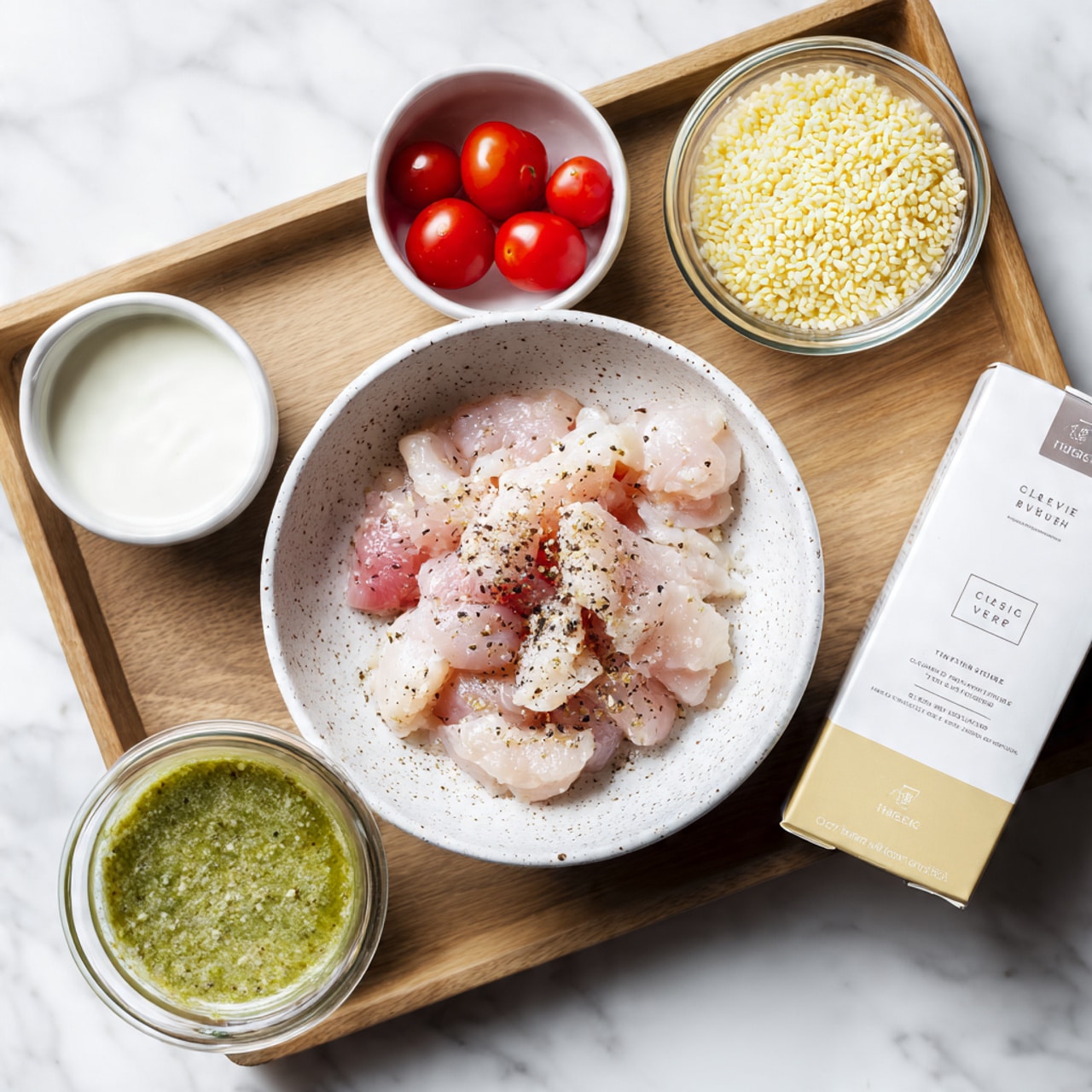 The image shows a wooden tray holding several ingredients on a white marbled surface. In the center, there is a white speckled bowl filled with raw light pink chicken strips sprinkled with black pepper. To the top left, a small white bowl holds bright red cherry tomatoes. Next to it, a clear glass bowl contains uncooked, pale yellow orzo pasta. To the bottom left, a small white bowl is filled with thick white yogurt. On the bottom right, a clear bowl contains a vibrant green sauce with a slightly coarse texture. To the right side of the tray, there is a carton of organic chicken broth with a white and yellow design. photo taken with an iphone --ar 4:5 --v 7