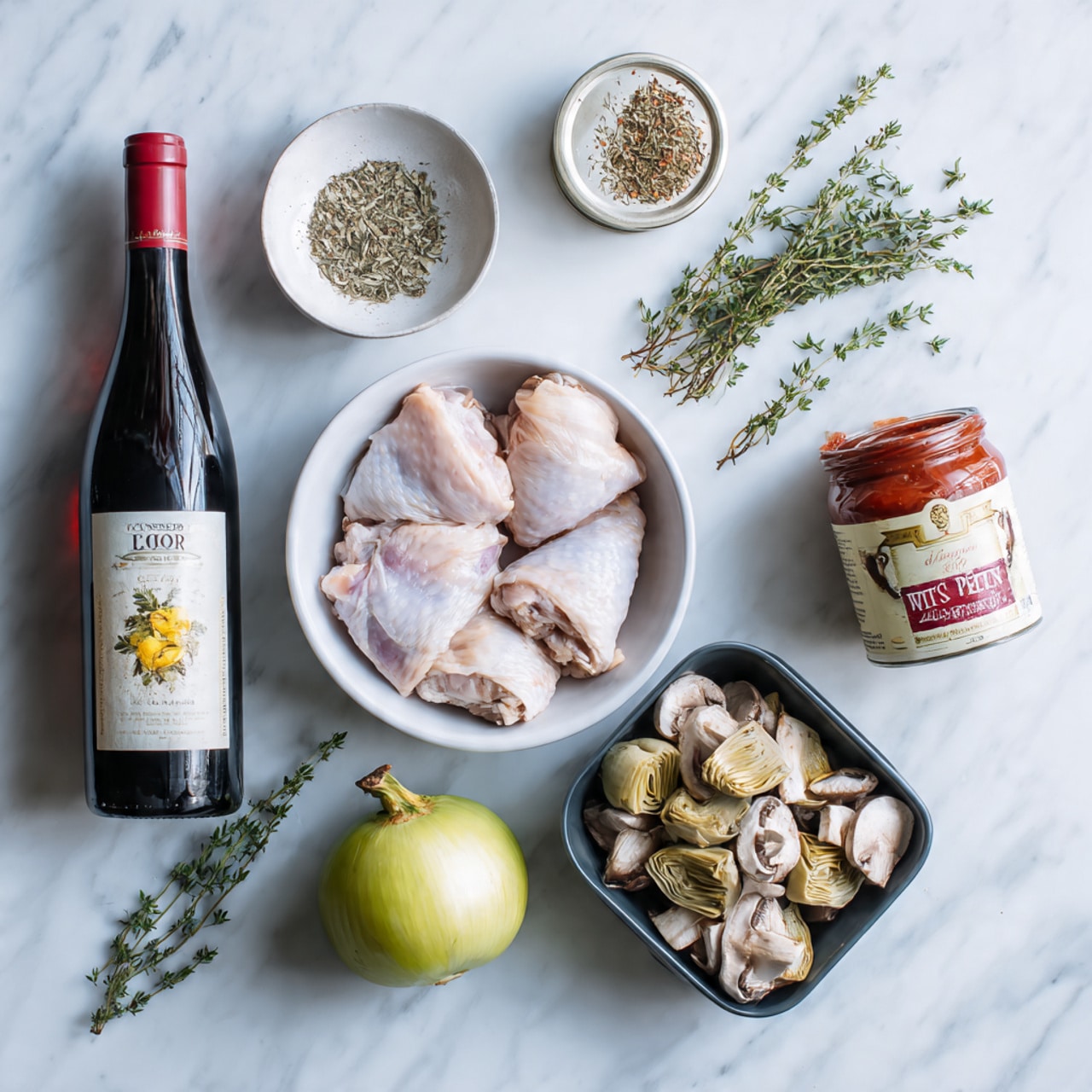 The image shows raw chicken thighs placed in a white bowl, located in the lower left corner. Above the bowl is a bottle of red wine lying on its side. To the right of the wine bottle is a small white bowl filled with dried herbs and spices. Next to that is a can of tomato paste with a red tomato image on the label. To the right of the can is a whole yellow onion with a few sprigs of fresh green thyme nearby. In the lower right corner, there is a black container filled with sliced mushrooms. Below those mushrooms is a jar of grilled artichoke halves with a pale green label. In the bottom center is a fresh, whole green bell pepper. The entire setting is on a white marbled surface, photo taken with an iphone --ar 4:5 --v 7