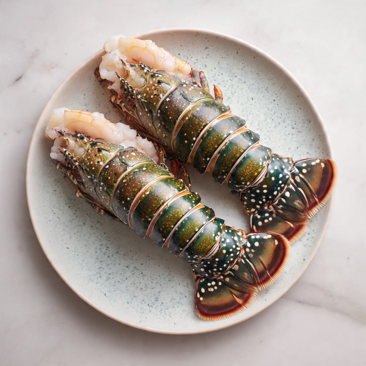 Two raw lobster tails lie side by side on a white plate with a blue speckled texture. Each tail has a segmented shell that is dark green with white spots and bands, ending in a fan-shaped tail with shades of brown and dark green. The flesh of the lobster, pale pinkish-white and translucent, is visible at the top of each tail, peeking out from under the shell. The plate is placed on a surface with a white marbled texture. photo taken with an iphone --ar 4:5 --v 7
