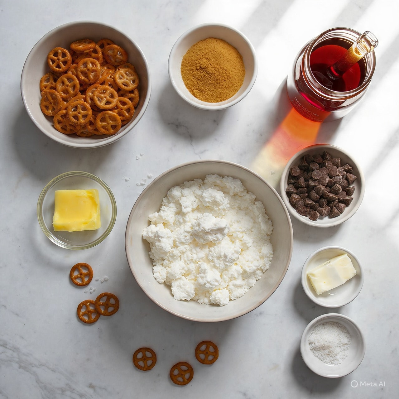 A clear food processor bowl sits on a white marbled surface, filled with three layers of ingredients. The bottom layer is white and crumbly, like cottage cheese, covering most of the bowl. On top of this, one side has a light tan powdery layer, and the other side shows a small pool of amber liquid, likely vanilla extract. The black center blade is visible and partly covered with some of the tan powder. photo taken with an iphone --ar 4:5 --v 7