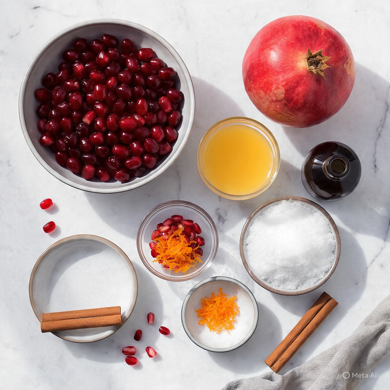 The image shows a close-up of a black pot filled with bright red cranberries, some of which have a shiny smooth texture. On top of the cranberries, toward the center, are two cinnamon sticks placed in a V shape. To the right side, there is a layer of white granulated sugar resting on the cranberries with some yellow zest sprinkled lightly over the top. The black pot contrasts strongly against a white marbled background, highlighting the rich red color of the cranberries and the warm brown of the cinnamon sticks. photo taken with an iphone --ar 4:5 --v 7