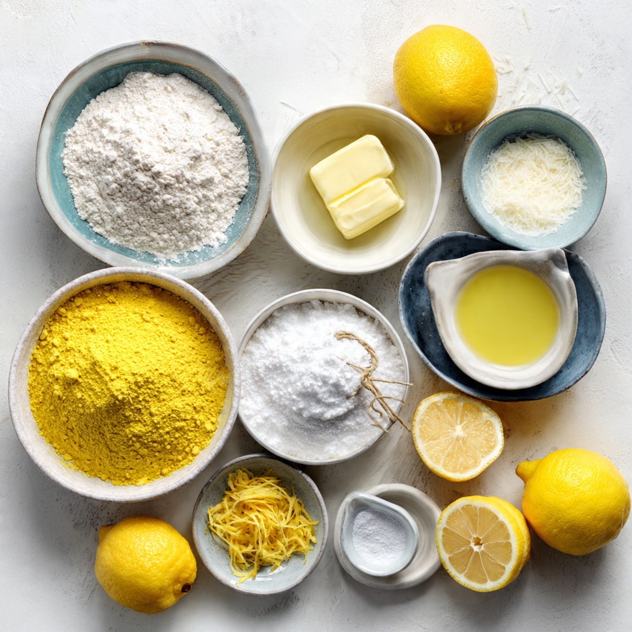 In a white bowl, there are three main layers: on the left side, a mound of light beige granulated sugar with a rough texture; in the middle, a large solid block of smooth yellow butter; and on the right side, a heap of white flour with a slightly crumbly texture. A black pastry blender with four metal blades is pressed into the flour, ready to mix the ingredients. The bowl sits on a white marbled surface. photo taken with an iphone --ar 4:5 --v 7