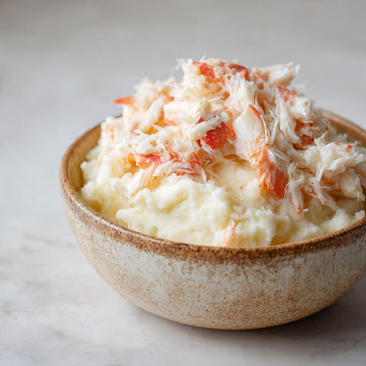 A rustic round bowl with a brown textured inside holds a two-layered dish; the bottom layer is mashed cream-colored potatoes with a soft, slightly chunky texture, topped with a generous layer of white and light pink shredded crab meat scattered unevenly across the top. The bowl sits on a white marbled surface. photo taken with an iphone --ar 4:5 --v 7