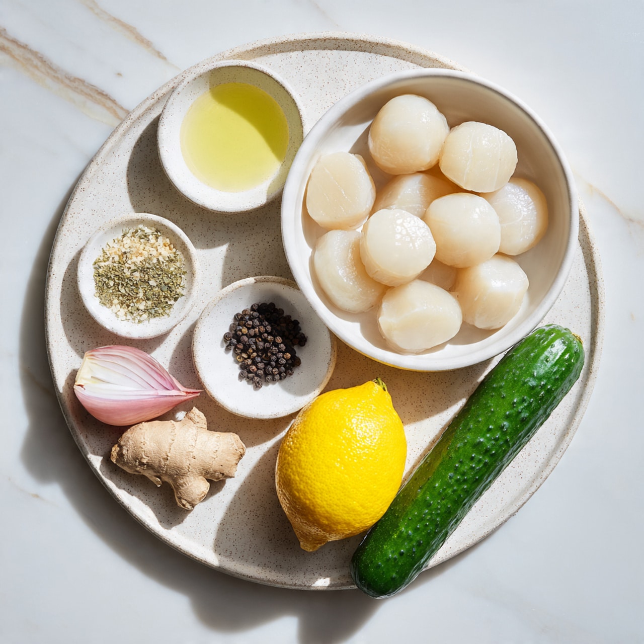 A round speckled plate sits on a white marbled surface, holding several ingredients arranged neatly. On the right side, there is a white bowl filled with seven smooth, plump, pale scallops. Below the bowl, a fresh green cucumber lies horizontally, next to a bright yellow lemon with some green shading. To the left of the cucumber, a small pink shallot and a piece of light brown ginger root are placed. Above these, two small white dishes sit on the plate—one filled with a light yellow liquid and the other holding coarse white salt. A tiny white dish with shiny black and green peppercorns is positioned near the top left edge of the plate. photo taken with an iphone --ar 4:5 --v 7