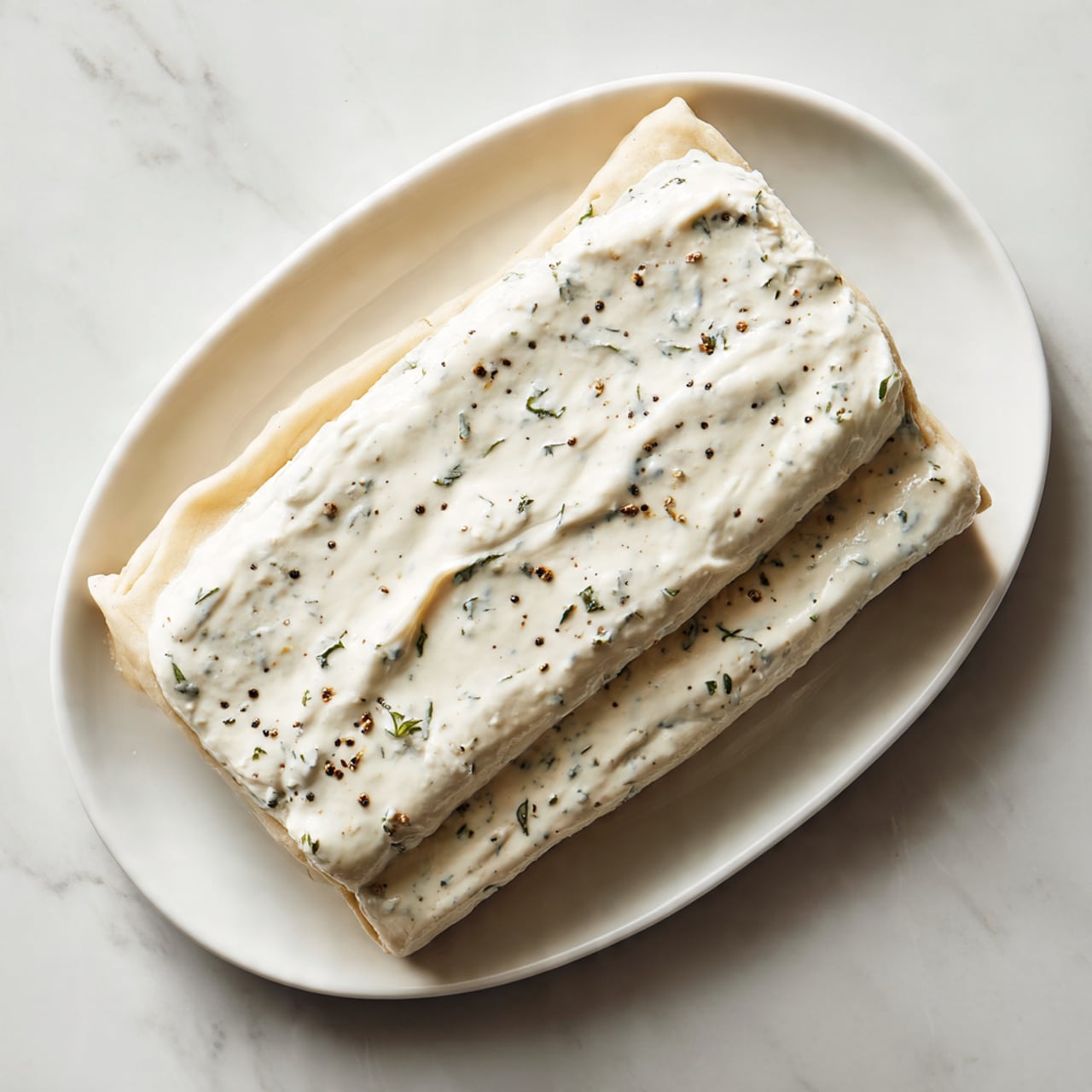 The image shows two flat, thin layers of beige dough stacked on a long white plate. On top of the dough layers, there is a thick spread of white creamy sauce with small black and green specks mixed in, covering almost the entire surface. The plate is placed on a white marbled background, and the overall look is simple and clean. photo taken with an iphone --ar 4:5 --v 7