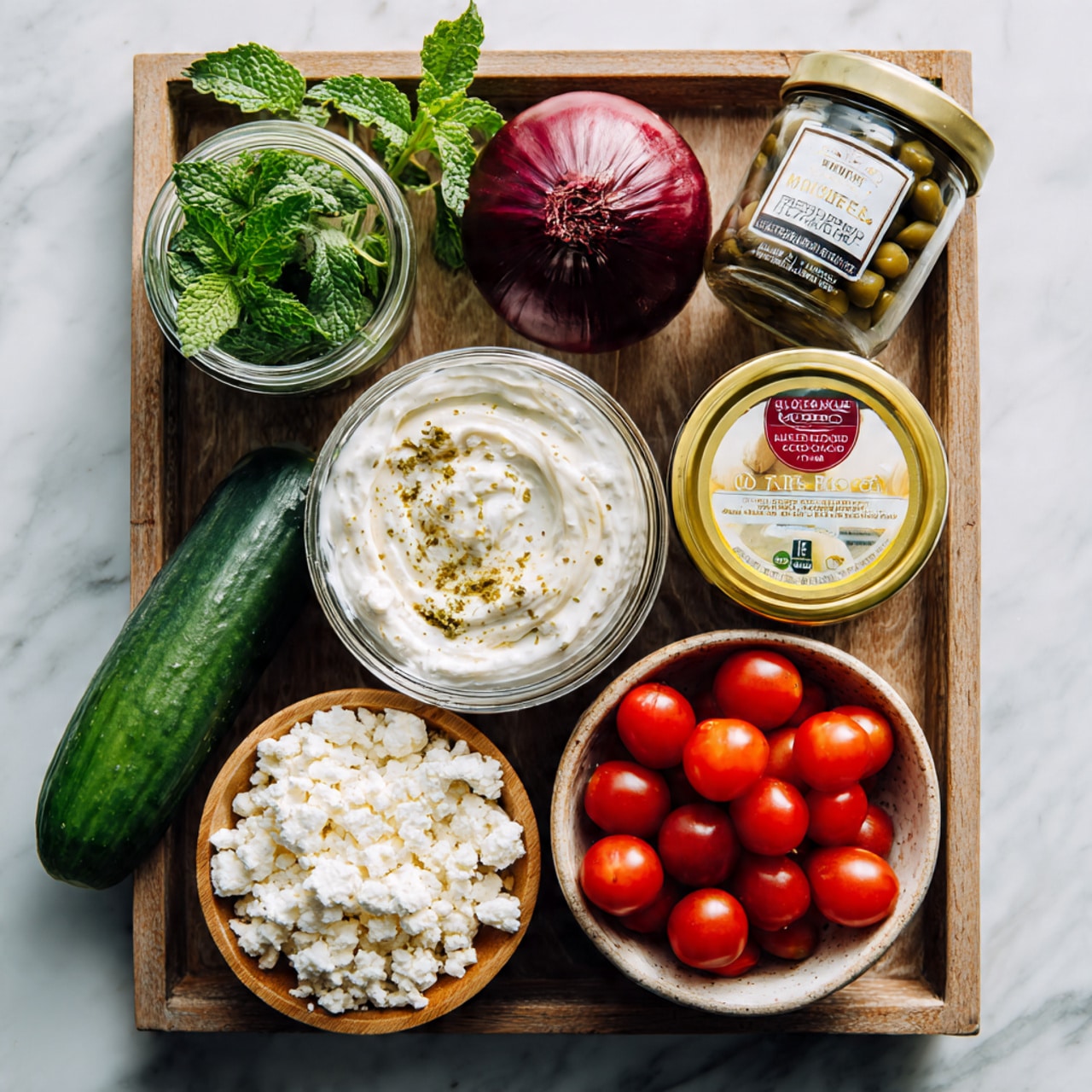 A wooden tray on a white marbled surface holds several ingredients arranged neatly: a red onion with purple and red hues, a glass jar of green label capers, a clear plastic container of fresh green mint leaves, a round plastic container of creamy white tzatziki dip with a labeled lid, a long dark green cucumber placed vertically in the center, a small wooden bowl filled with white crumbly feta cheese, a white bowl with a beige bamboo-like rim filled with bright red cherry tomatoes, and a round plastic container labeled Mediterranean style hummus with a yellow and red lid. The photo taken with an iphone --ar 4:5 --v 7