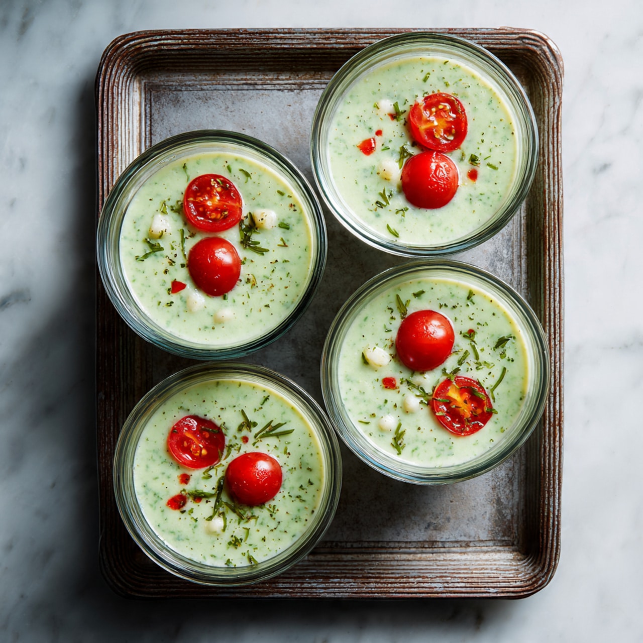 There are four clear glass bowls placed on a worn metal baking tray with ridges. Each bowl contains a light green soup with small bits of white pieces and tiny floating bright red cherry tomatoes. The soup has a smooth texture with visible specks of green herbs throughout. The bowls are arranged in a square shape, viewed from above, showing the colorful contrast between the vibrant red tomatoes, pale green liquid, and white bits inside. The background is a white marbled surface. Photo taken with an iphone --ar 4:5 --v 7