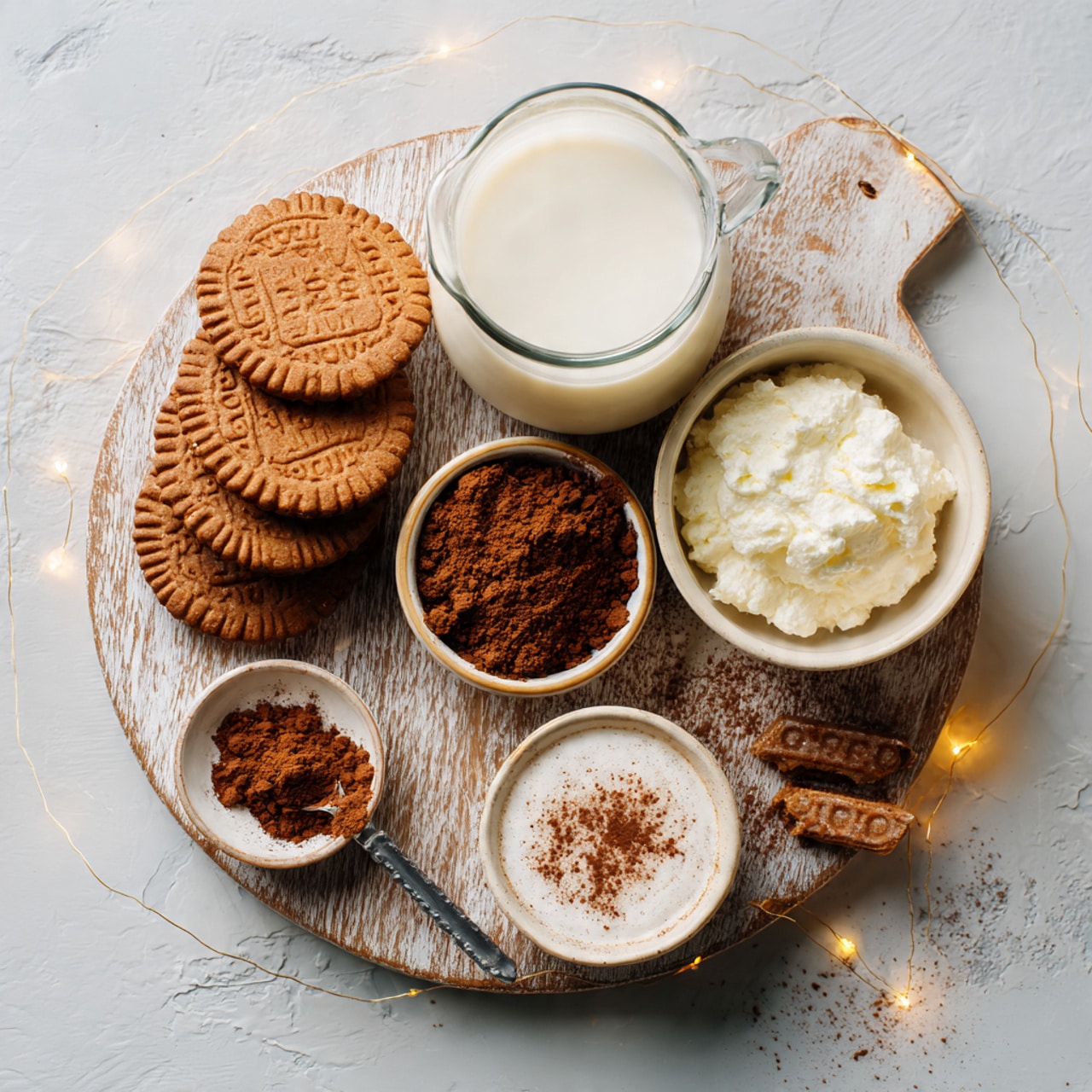 A clear glass mug filled with dark brown hot chocolate showing a smooth texture fills almost to the top. The drink is topped with a thick layer of white whipped cream sprinkled with light brown cookie crumbs. One large rectangular light brown cookie, embossed with a design, is placed standing upright in the whipped cream. The mug sits on a round white plate with some crumbs scattered around. In the foreground, there is another glass cup filled with the same dark brown hot chocolate, also sitting on a white plate. In the background, there is a white plate holding more of the rectangular light brown cookies, and a small blue and gold spice container. The whole scene is set against a soft, white marbled surface photo taken with an iphone --ar 4:5 --v 7