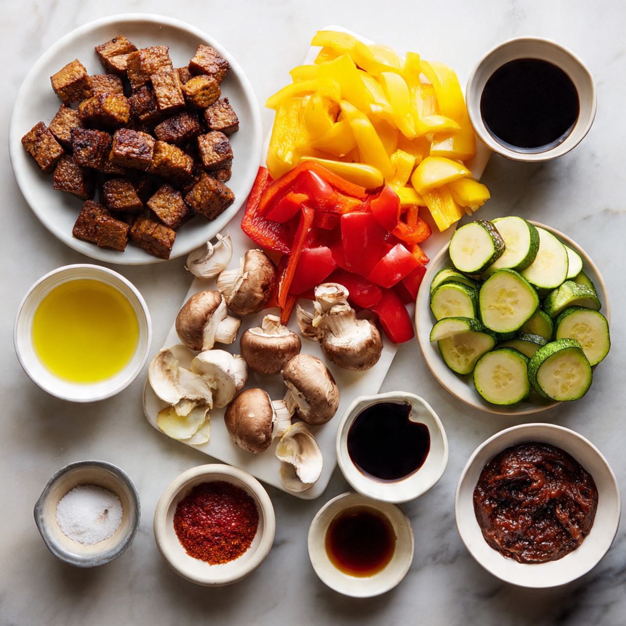 The image shows several skewers laying on a white tray with a white marbled surface in the background. Each skewer has four visible layers starting with purple onion wedges, followed by chunks of light brown cooked meat with a rough texture, then green zucchini slices with smooth skin, and ending with yellow squash pieces. Bright red bell pepper pieces appear between the layers, adding a pop of red. A dark brown sauce is being poured over the skewers from a white bowl held above, creating a glossy layer over the food. The scene is bright and clear with natural lighting. photo taken with an iphone --ar 4:5 --v 7