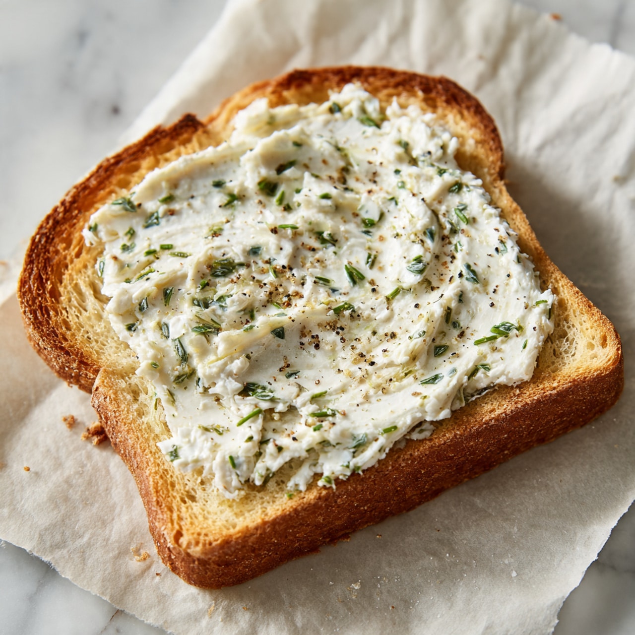 A single slice of toasted white bread lies flat on a piece of parchment paper, placed on a white marbled surface. The bread is evenly toasted to a light golden brown, with the edges slightly darker and crisp. On top, there is a thick, uneven layer of a pale grayish-green spread mixed with small green herb pieces and some darker specks, giving it a textured, slightly shiny appearance. The spread covers almost the entire top of the toast, leaving only a thin border of the toasted bread exposed. The setup is simple and clean, focusing on the detailed texture of the spread against the crisp toasted bread. photo taken with an iphone --ar 4:5 --v 7