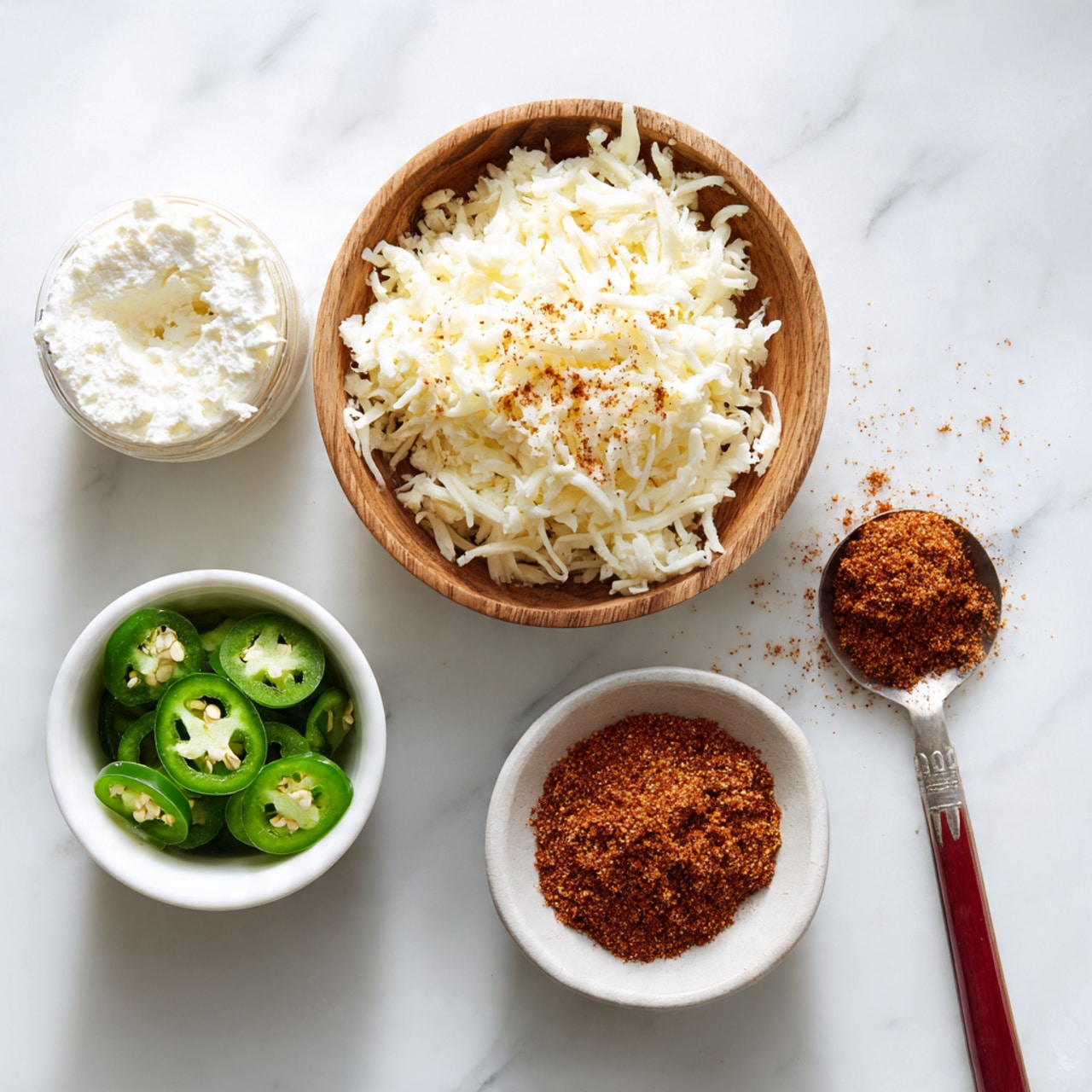 The image shows four items on a white marbled surface: at the top center, a small wooden bowl filled with shredded white cheese with some light brown seasoning mixed in; below it to the right, a metal spoon with a red handle containing a heap of reddish-brown powder spice; below it slightly to the left, a small white bowl with sliced green jalapeños arranged inside; and to the left, a tilted white container of cottage cheese with visible text and an image on the label. photo taken with an iphone --ar 4:5 --v 7