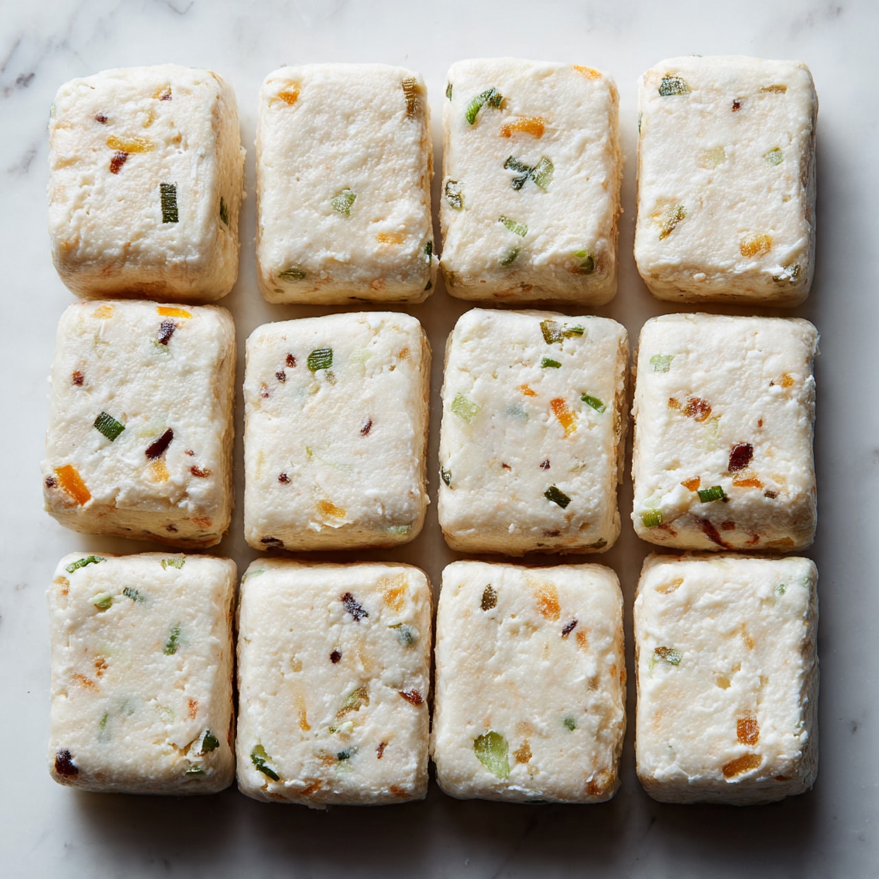 The image shows fifteen small, rectangular pieces of uncooked dough arranged in a neat 3 by 5 grid on a white marbled surface. Each dough piece is pale and slightly translucent with a soft, uneven texture, containing small bits of orange and green ingredients mixed inside. The dough looks moist and delicate, with some minor cracks and bumps on the surface. The white marbled background highlights the dough pieces clearly, and the entire scene is well lit with natural light. photo taken with an iphone --ar 4:5 --v 7