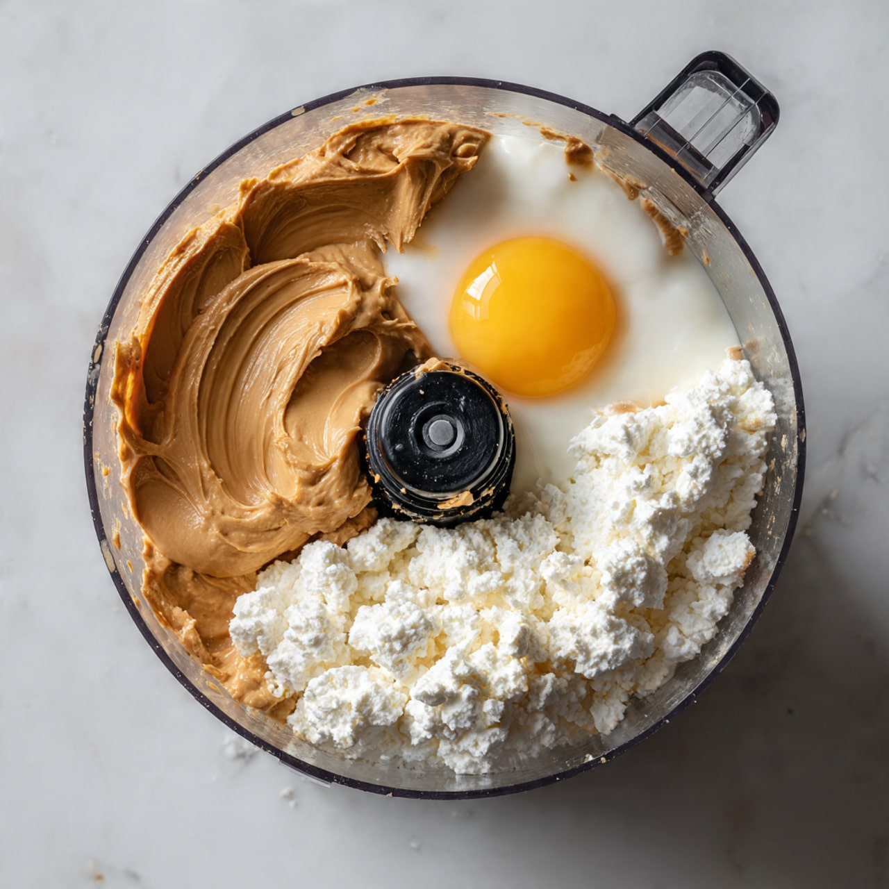 A clear food processor bowl sits on a white marbled surface, filled with several unblended ingredients. Inside, there is a smooth and creamy light brown layer of peanut butter on the left side, a bright yellow whole egg with a shiny yolk on the right, and a rough-textured white layer of cottage cheese crowds the front center. The ingredients are arranged without mixing, showing their different colors and textures clearly, with the black blade and central spindle visible in the middle. Photo taken with an iphone --ar 4:5 --v 7