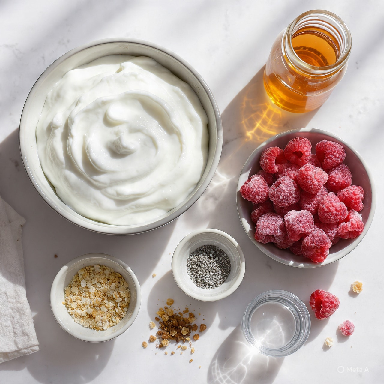 A white bowl with tiny brown specks holds two layers: the bottom layer is thick, smooth white yogurt filling the bowl nearly to the top, and the top layer is a chunky, bright red berry sauce spread in the center, covering part of the yogurt. A silver spoon rests inside the bowl on the right side, partly on the yogurt layer. The whole setup is placed on a white marbled surface. photo taken with an iphone --ar 4:5 --v 7