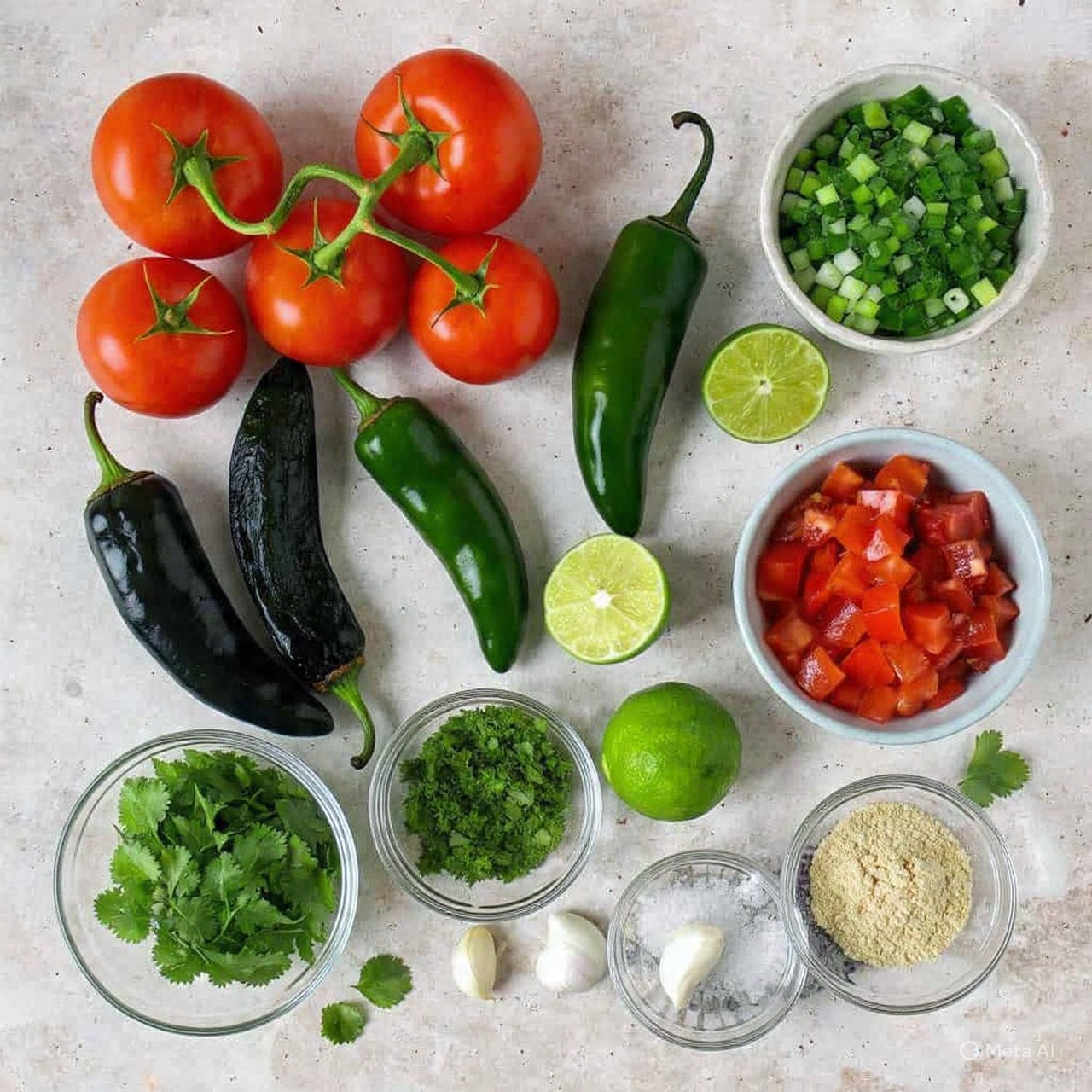 The image shows a close-up of six ripe red tomatoes and three green jalapeño peppers with charred spots. The tomatoes are smooth and shiny with some blackened marks mostly on the top and sides, arranged in a loose group. The jalapeños have some dark burn marks on them, placed to the right of the tomatoes. All vegetables are on a black cooking tray that has a rough surface. The lighting highlights the freshness and slight gloss on the tomatoes and peppers. Photo taken with an iphone --ar 4:5 --v 7