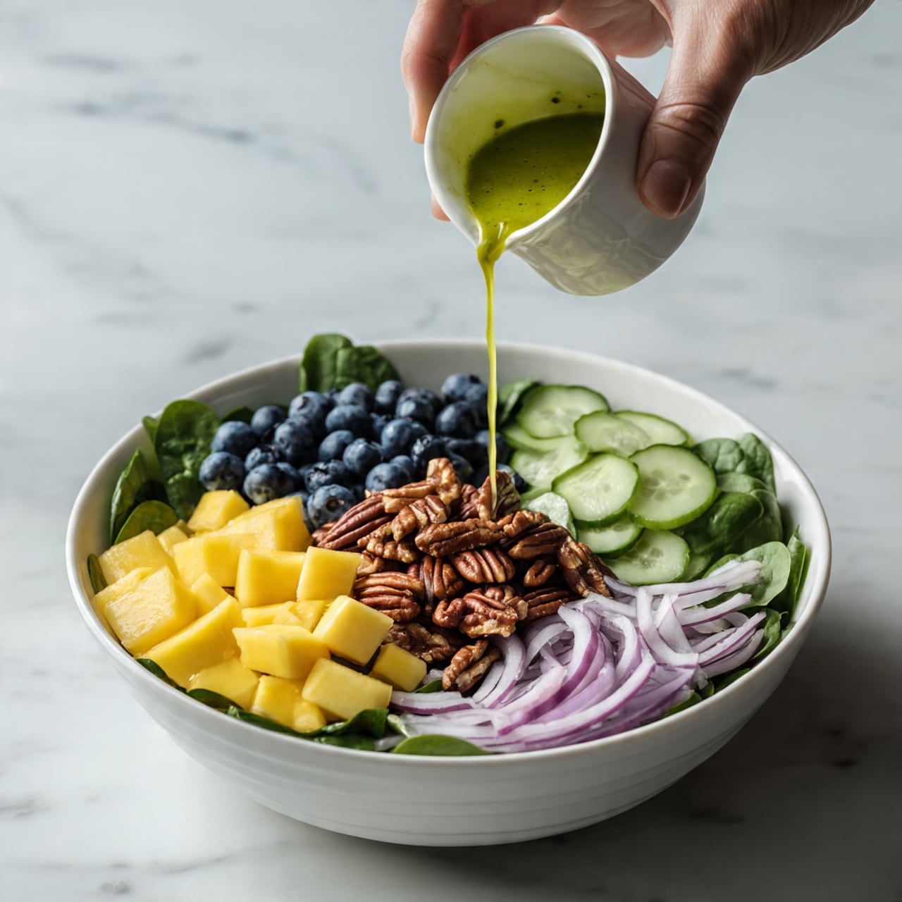 A white bowl filled with fresh spinach leaves as the bottom layer looks vibrant green and leafy; on top, there are five distinct sections: dark blue round blueberries on the left, thin pale purple rings of red onion at the top center, light green cucumber sticks on the right, bright yellow mango cubes at the bottom, and in the middle, a cluster of brown pecan halves. The bowl is placed on a white marbled surface. To the top right, there's a small white bowl of green dressing, and to the top left, there are golden salad spoons. A golden fork lies to the right side of the bowl. photo taken with an iphone --ar 4:5 --v 7