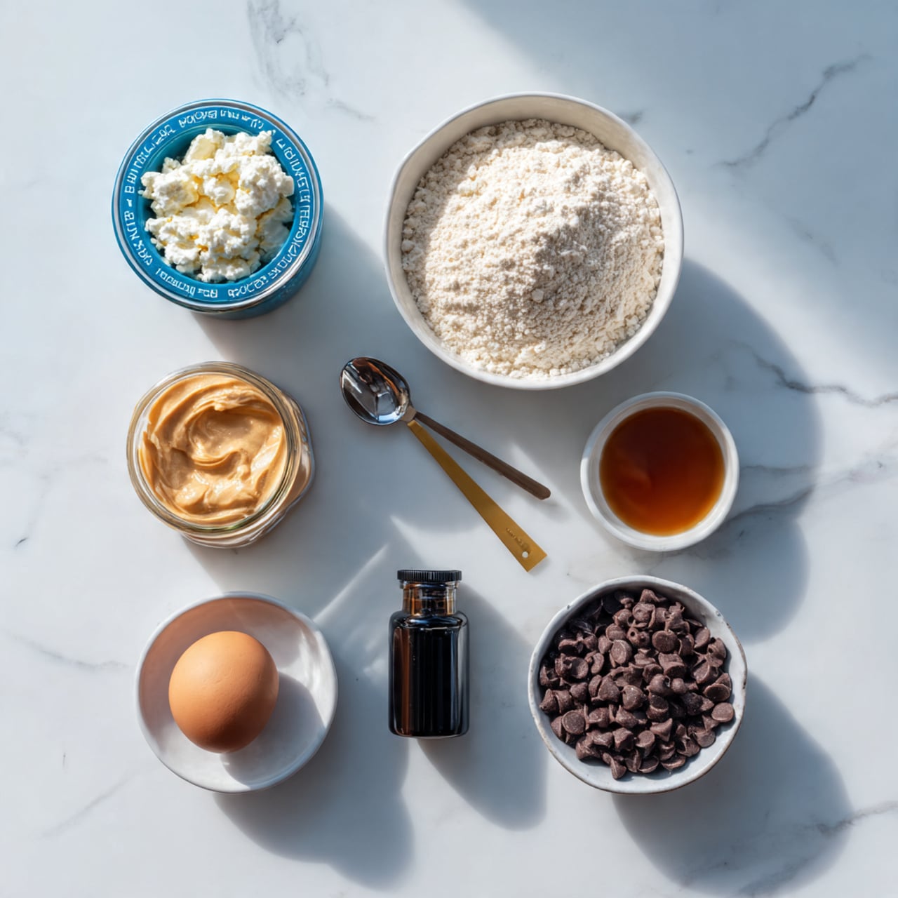 The image shows a top-down view of seven ingredients arranged on a white marbled surface. From left to right in the top row: a blue and white container of cottage cheese, a measuring cup filled with a pale powder, and a white bowl with a dark amber liquid. Below them, a brown egg sits in the center, flanked by a creamy cashew butter jar on the left, a silver and yellow half teaspoon measuring spoon in the middle, a black bottle of vanilla extract on the right, and a white bowl filled with dark chocolate chips on the far right. The items are neatly spaced and well-lit. photo taken with an iphone --ar 4:5 --v 7