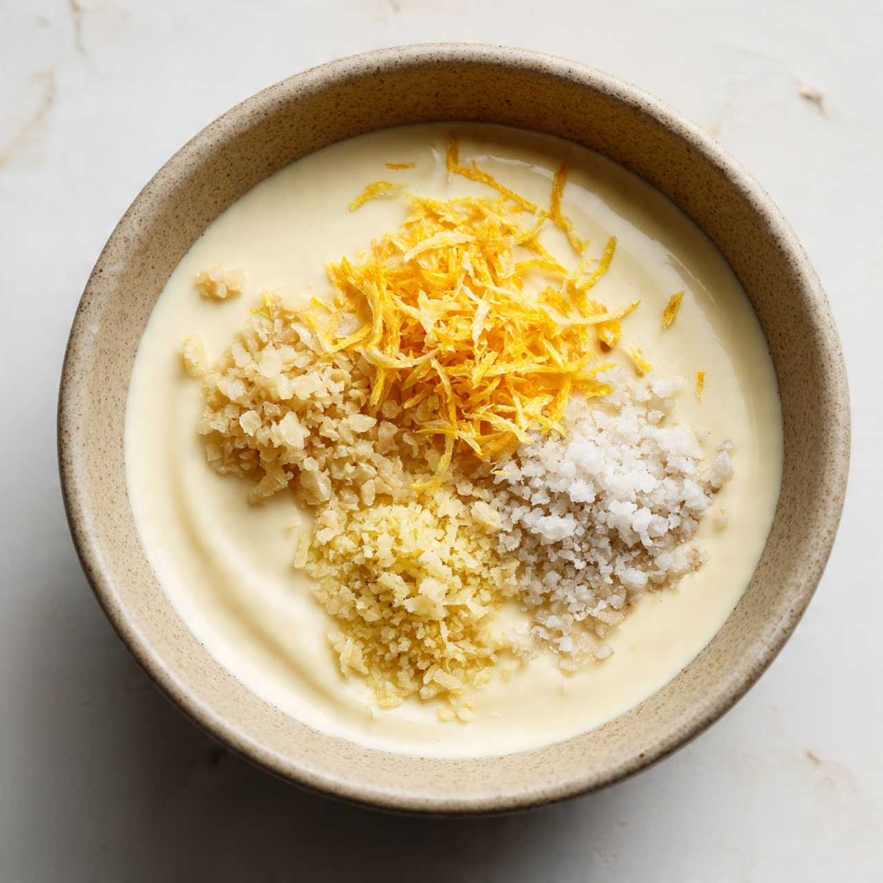 A beige bowl sits on a white marbled surface, filled with a smooth, light cream layer that covers the bottom and sides. On top of the cream layer, there are three distinct piles of ingredients: one is a finely grated yellow-orange zest placed near the center right, another is a coarse, pale yellow grated or minced substance positioned near the bottom left, and the last is a small pile of white coarse salt or flakes placed in between the two other piles. The textures contrast between smooth, crumbly, and coarse, making the bowl visually interesting. Photo taken with an iphone --ar 4:5 --v 7