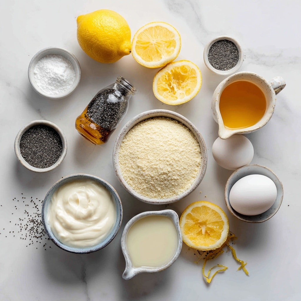 A clear glass bowl holds a mixture of dry ingredients arranged in distinct piles: a light yellow crumbly layer covering most of the bowl, a smaller bright yellow zest sprinkled on top, white powder peeking from underneath near the right side, and small black seeds grouped closely at the bottom left. The bowl sits on a white marbled surface with a silver metal whisk lying next to it on the left side, while a crumpled blue textured cloth with white spots lies behind the bowl. photo taken with an iphone --ar 4:5 --v 7