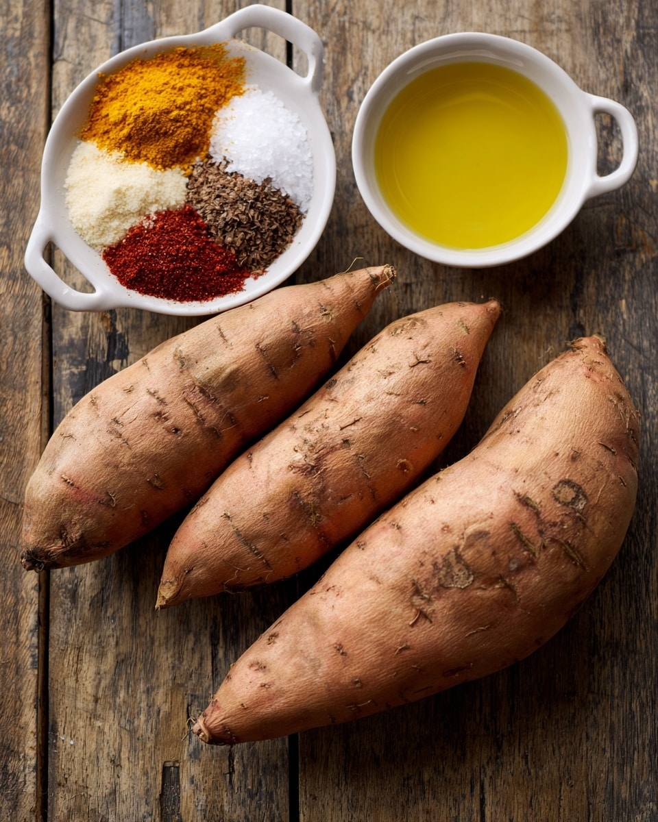 The image shows three raw sweet potatoes with rough, light brown skin placed on a wooden surface. Above the sweet potatoes, there are two small white bowls with handles. The left bowl holds four different dry spices arranged in sections: a yellowish powder, a pile of white salt, a dark brown powder, and a bright red powder. The right bowl contains a light yellow liquid, likely oil. The texture of the sweet potatoes’ skin is slightly rough and uneven. photo taken with an iphone --ar 4:5 --v 7
