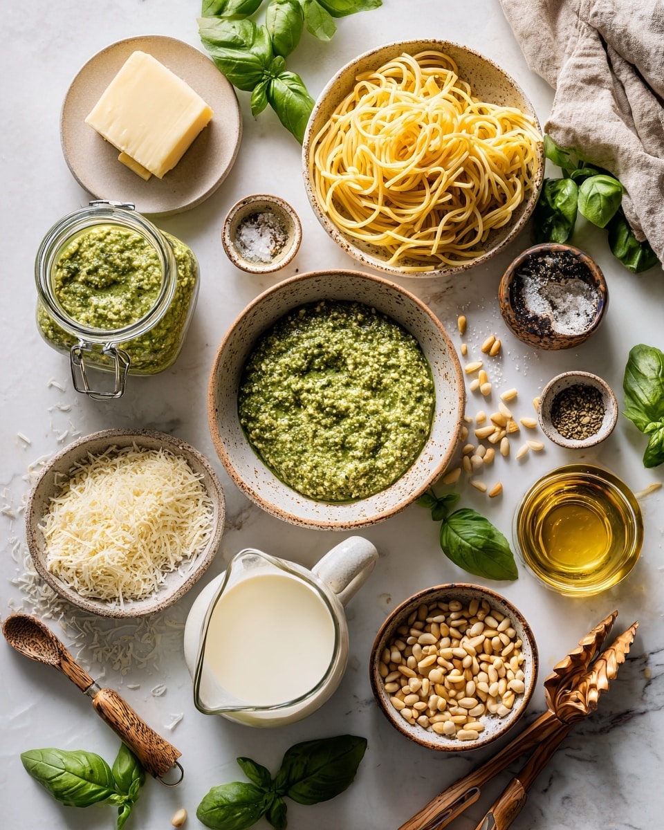 A white plate holds a single layer of curly macaroni pasta covered in a pale green pesto sauce with small flecks of herbs. The pasta has a smooth, slightly shiny texture and is topped with small white crumbles of cheese. A small bright green basil leaf sits on top in the center. A silver fork rests on the right side of the plate, touching the pasta. The plate is set on a white marbled surface scattered with fresh whole basil leaves and a wedge of lemon near the top edge. A clear glass partially filled with water sits just above the plate. photo taken with an iphone --ar 4:5 --v 7