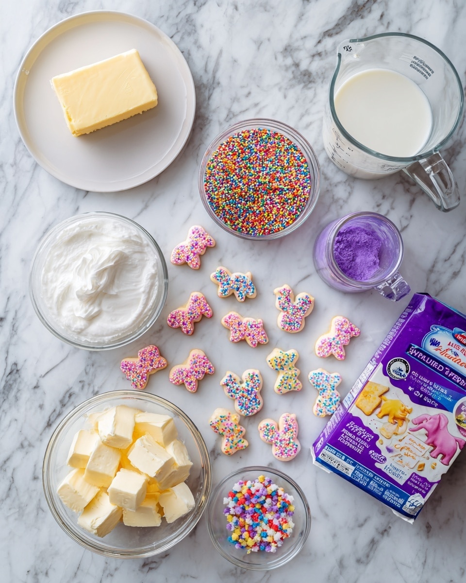 The image shows a white marbled surface with various items arranged on it, including a transparent glass bowl with white cream on the bottom left, a small white plate with a stick of butter above it, a small glass bowl of colorful round sprinkles on the left side, a box of Jello white chocolate pudding in the center, a clear glass measuring cup with white milk on the right, a small jar of purple food coloring near the milk, and many small white and bright pink animal-shaped cookies with rainbow sprinkles scattered around and near a purple package of Mother’s Circus Animal Cookies on the bottom right photo taken with an iphone --ar 4:5 --v 7