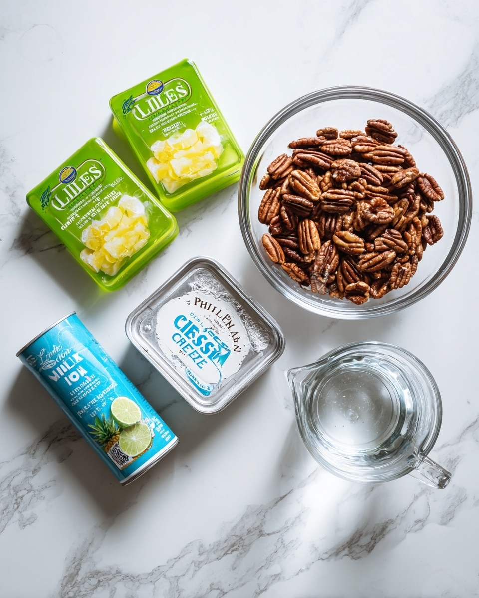 The image shows ingredients for a dessert on a white marbled surface, including two green boxes of lime Jell-O, a silver pack of Philadelphia original cream cheese, a clear glass bowl filled with whole pecans, a blue can of crushed pineapple, and a clear glass measuring cup with water. The items are spaced out neatly with bright and clear lighting, emphasizing the fresh and clean look of the ingredients. photo taken with an iphone --ar 4:5 --v 7