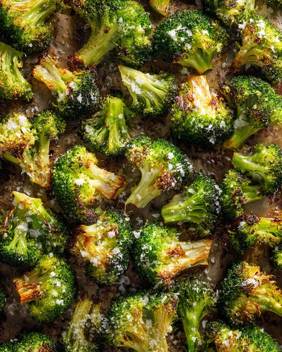 The image shows many small pieces of roasted broccoli spread out on a baking tray with a brownish-gray surface. Each broccoli floret has a mix of bright green and golden-brown colors, with some parts that look crispy and slightly charred. There are small white bits sprinkled all over, likely grated cheese or seasoning, adding texture to the surface of the broccoli. The broccoli pieces are arranged close to each other but not stacked, filling the entire frame. photo taken with an iphone --ar 4:5 --v 7