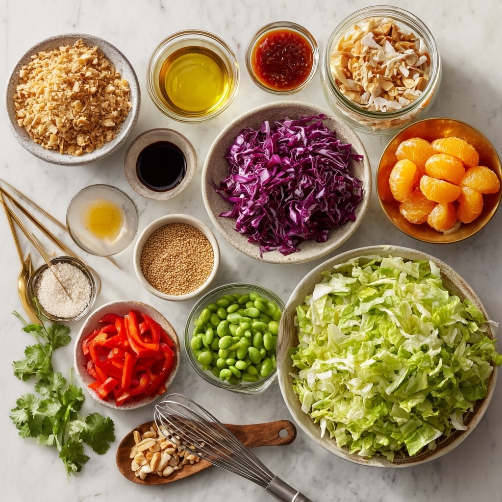 A wooden bowl holds a colorful salad with six distinct layers arranged side by side: bright orange shredded carrots on the upper left, chopped green lettuce next to it, and chopped purple cabbage at the upper right; below the lettuce sits cubed white chicken pieces in the center, to its left are smooth green edamame beans, below the chicken are chopped red bell peppers, and to the right of the peppers are vibrant orange mandarin slices. Nearby, a white plate holds chopped almonds, and a glass container with a brown sauce topped with sesame seeds is also visible, all set on a white marbled surface. Photo taken with an iphone --ar 4:5 --v 7