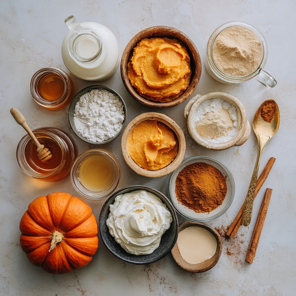 The image shows four parts of making a pumpkin spice drink. The first part shows a white bowl with an orange rim holding three ingredients: orange pumpkin puree, brown cinnamon powder, and golden honey, all placed on a white marbled background. The second part is a close-up of the same bowl filled with white milk and the orange pumpkin puree floating on top. In the third part, a woman’s hand is whisking the light orange mixture inside the bowl with the orange rim. The last part shows the bowl pouring the light orange drink into a clear glass cup, placed on a round silver tray with star anise, cinnamon sticks, and small golden nuts on a white marbled surface. photo taken with an iphone --ar 4:5 --v 7