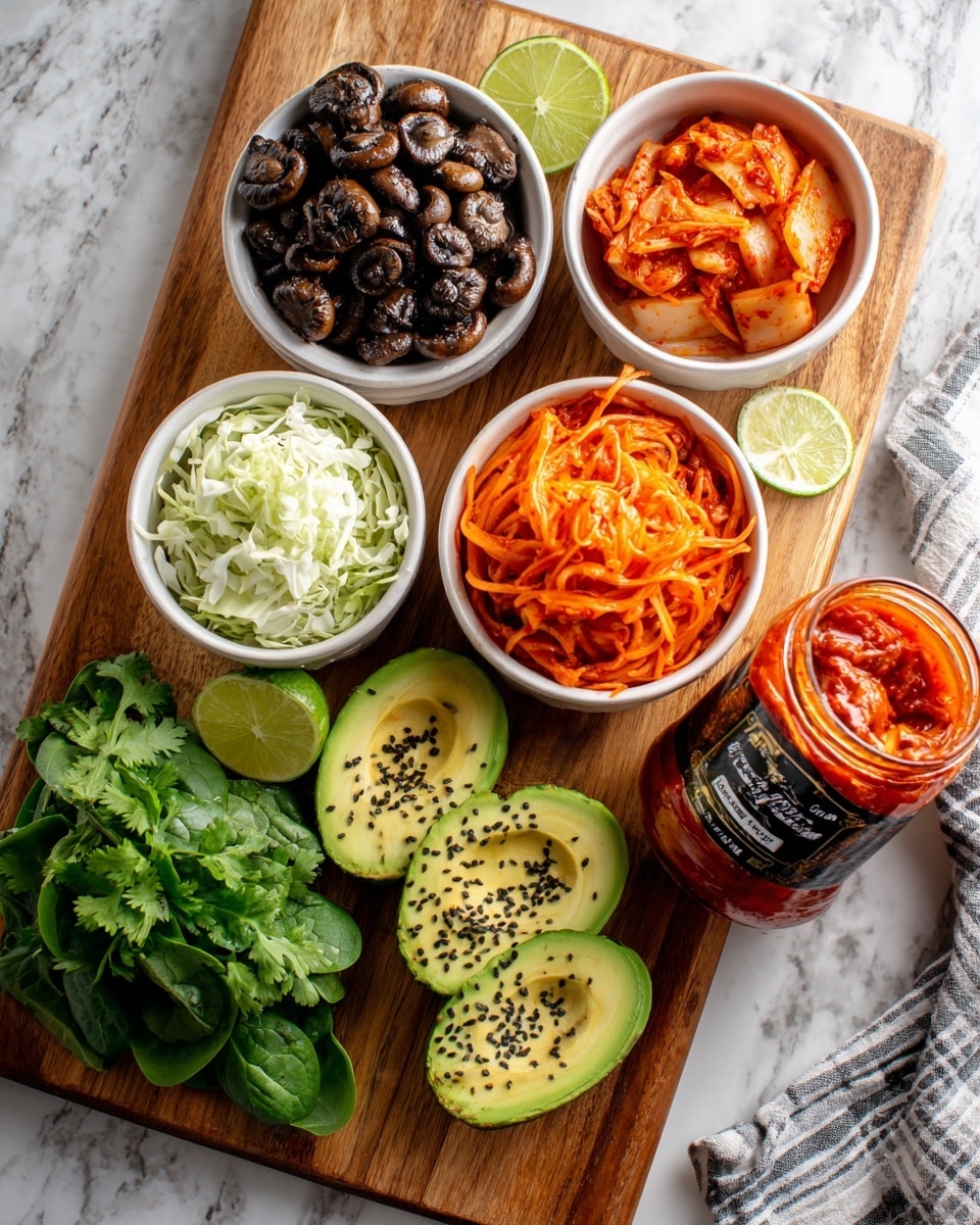 A wooden board holds various fresh and colorful ingredients arranged neatly on a white marbled texture. On the top left, a white bowl contains small dark brown cooked mushroom pieces. To its right, another white bowl is filled with bright orange kimchi. Below, a smaller white bowl is filled with shredded orange carrots. In the center and bottom right of the board, there are three sliced avocado halves sprinkled with black sesame seeds, along with fresh green coriander and spinach leaves around them. Thinly shredded white cabbage lies in the middle, next to lime wedges placed evenly across the board. A jar of authentic Korean kimchi in a red-capped clear container rests at the bottom right corner. A striped cloth is partially visible at the lower right edge. Photo taken with an iphone --ar 4:5 --v 7