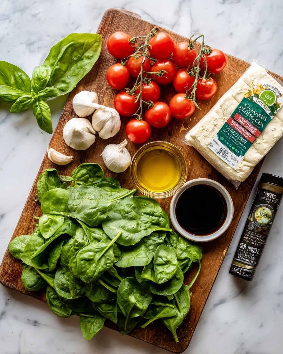 The image shows a wooden board with fresh ingredients arranged neatly. Bright red cherry tomatoes on green stems are at the top left, with fresh green basil leaves nearby. Two garlic cloves sit next to the basil. Below, a pile of fresh spinach leaves spreads across the board. Two small bowls, one with golden olive oil and one with dark balsamic vinegar, are placed near the center. On the right side, a package of white pizza crust is partially visible, resting on a white marbled background. A container of dairy-free garlic and herb cheese spread is placed near the top right. photo taken with an iphone --ar 4:5 --v 7